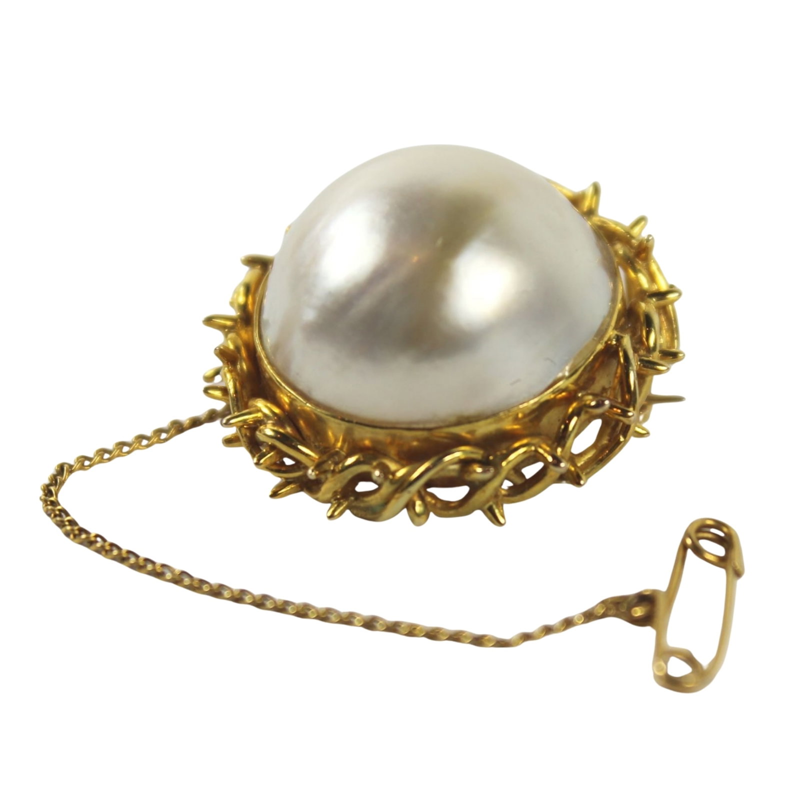 Mabe Pearl Brooch in 14ct Yellow Gold 'Crown of Thorns' Surround: Quality Size Total Weight: 10.54gms Condition Safety Chain is 9ct Medium Jewelry