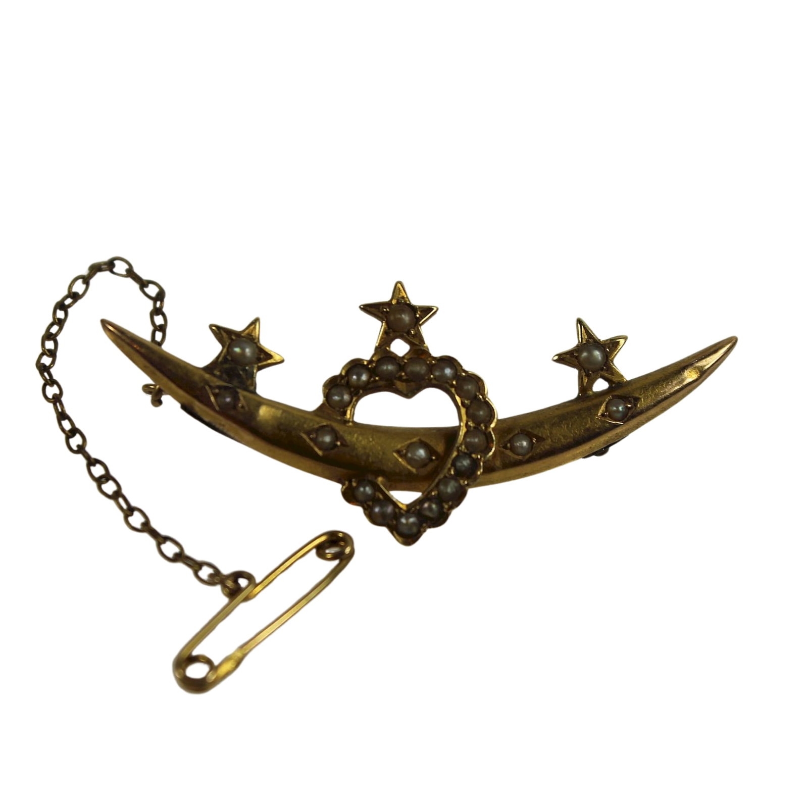 Edwardian Brooch in 15ct Yellow Gold with Seed Pearls: . Size Total weight 4.46gms. Length 5cms Condition Safety Chain is base metal Medium Jewelry