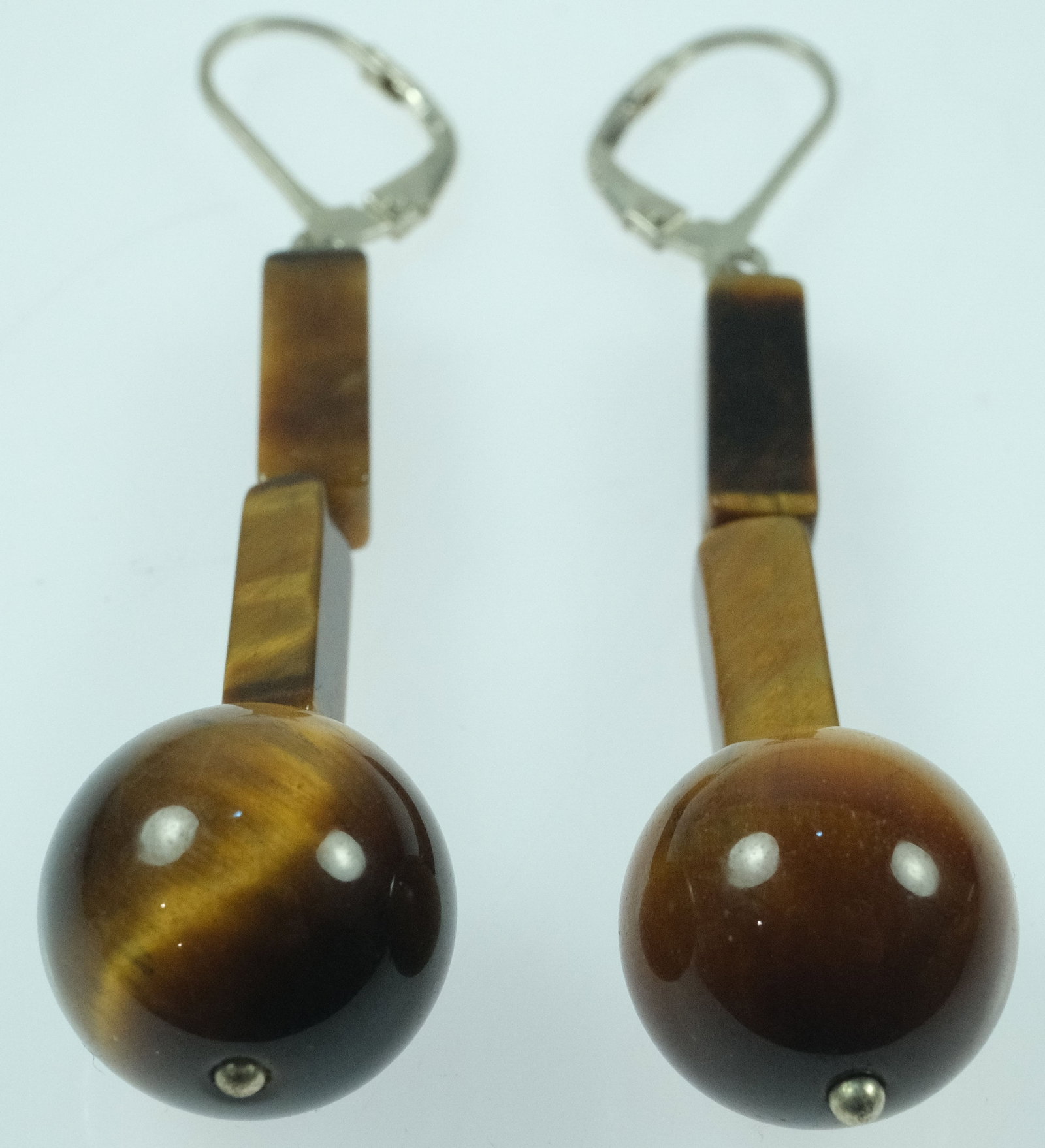 Tiger's Eye Drop Earrings with Sterling (925) Silver European Clips (Pair) - 2