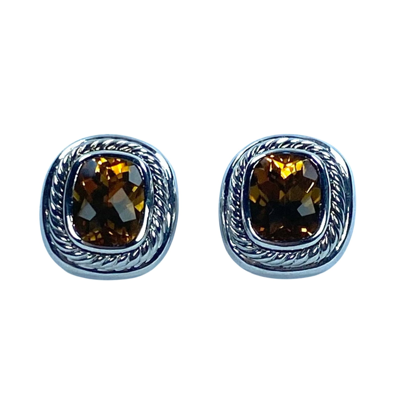 Clip-on Earrings featuring a Sterling (925) Silver Rope Bezel with Chequerboard-cut Citrines (Pair): Exquisite Quality Size Combined Weight 19.7 grams : 2cm x 1.8cm x 1cm Medium Jewelry