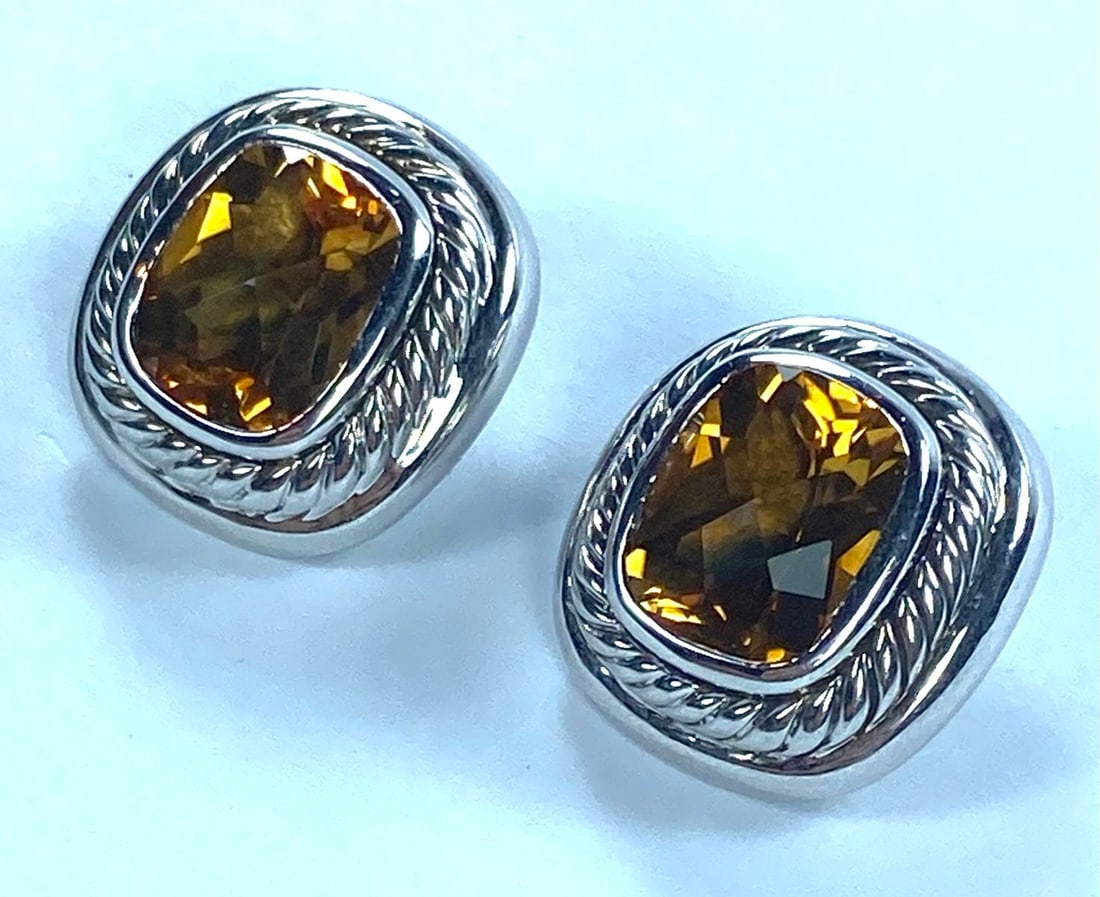 Clip-on Earrings featuring a Sterling (925) Silver Rope Bezel with Chequerboard-cut Citrines (Pair) - 2
