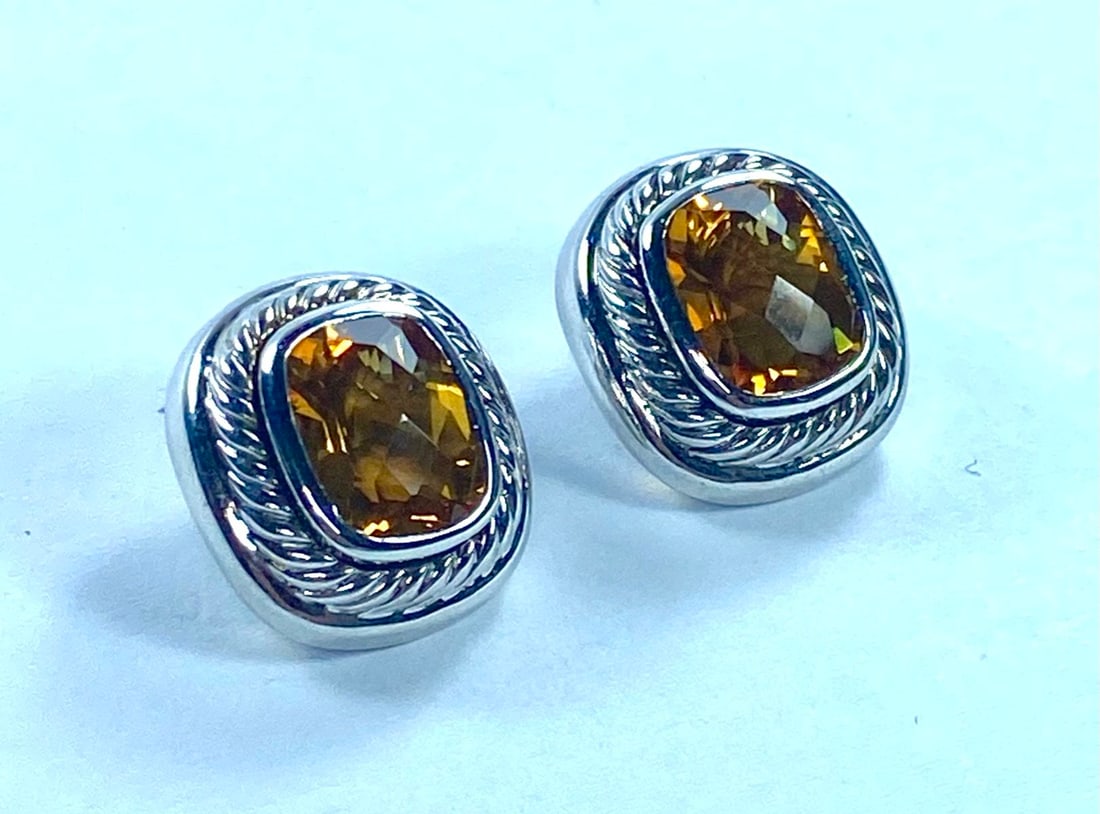 Clip-on Earrings featuring a Sterling (925) Silver Rope Bezel with Chequerboard-cut Citrines (Pair) - 3