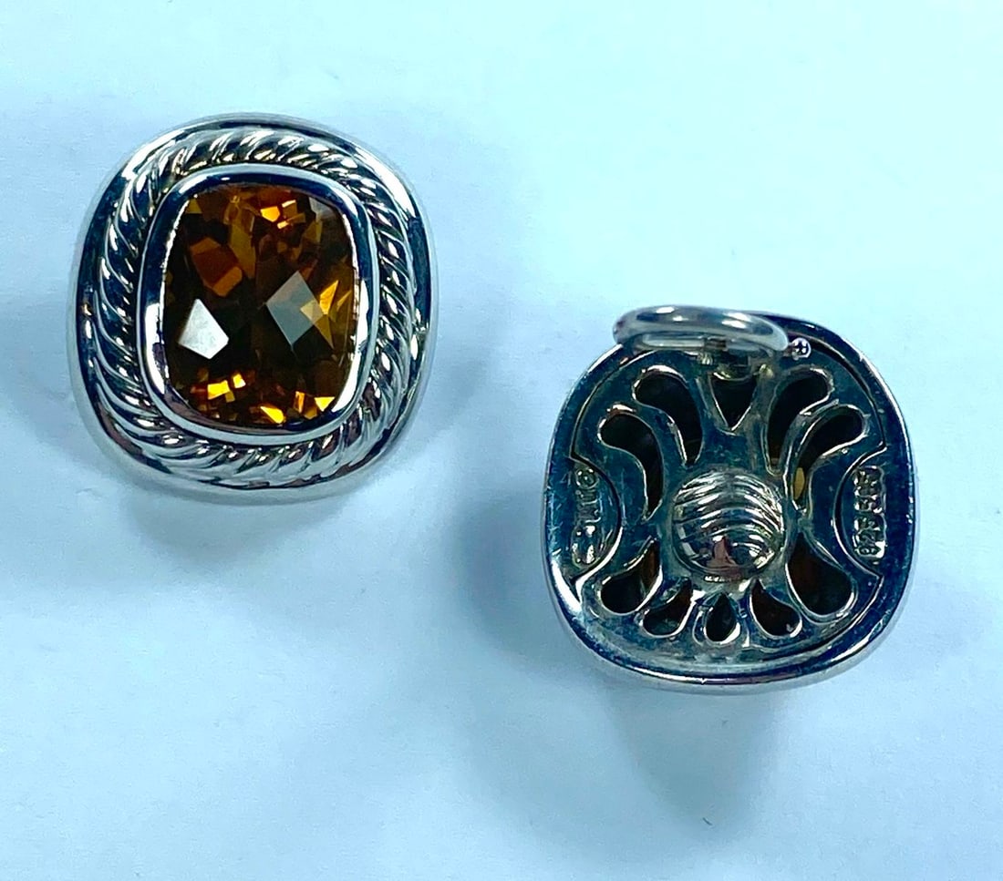 Clip-on Earrings featuring a Sterling (925) Silver Rope Bezel with Chequerboard-cut Citrines (Pair) - 4