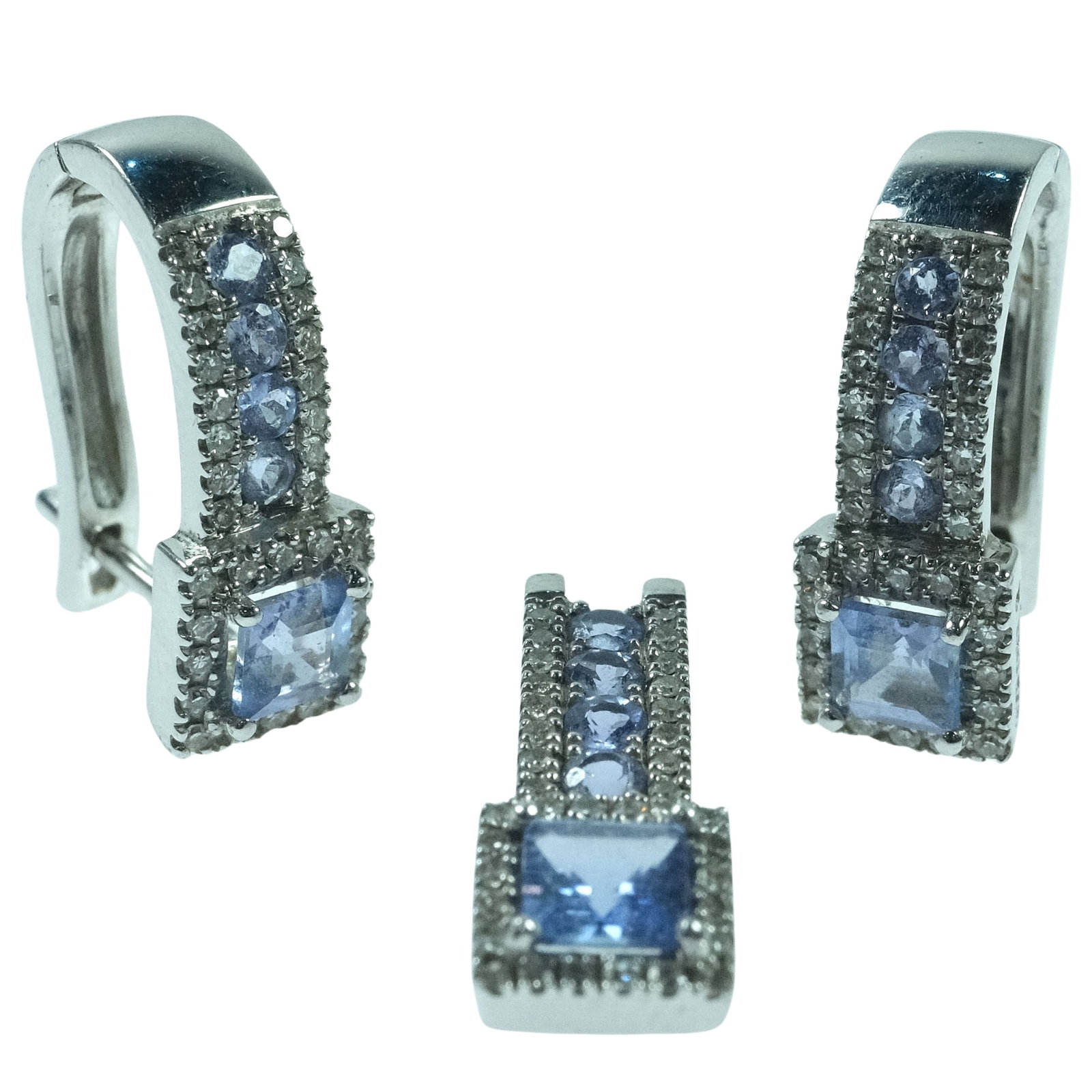Tanzanite & Diamond Earrings with Matching Pendant in 9ct White Gold (Pair): . Size Combined weight 4.56gms Medium Jewelry