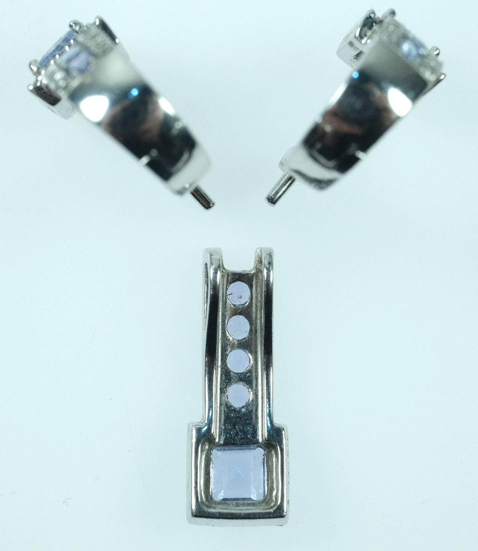 Tanzanite & Diamond Earrings with Matching Pendant in 9ct White Gold (Pair) - 2