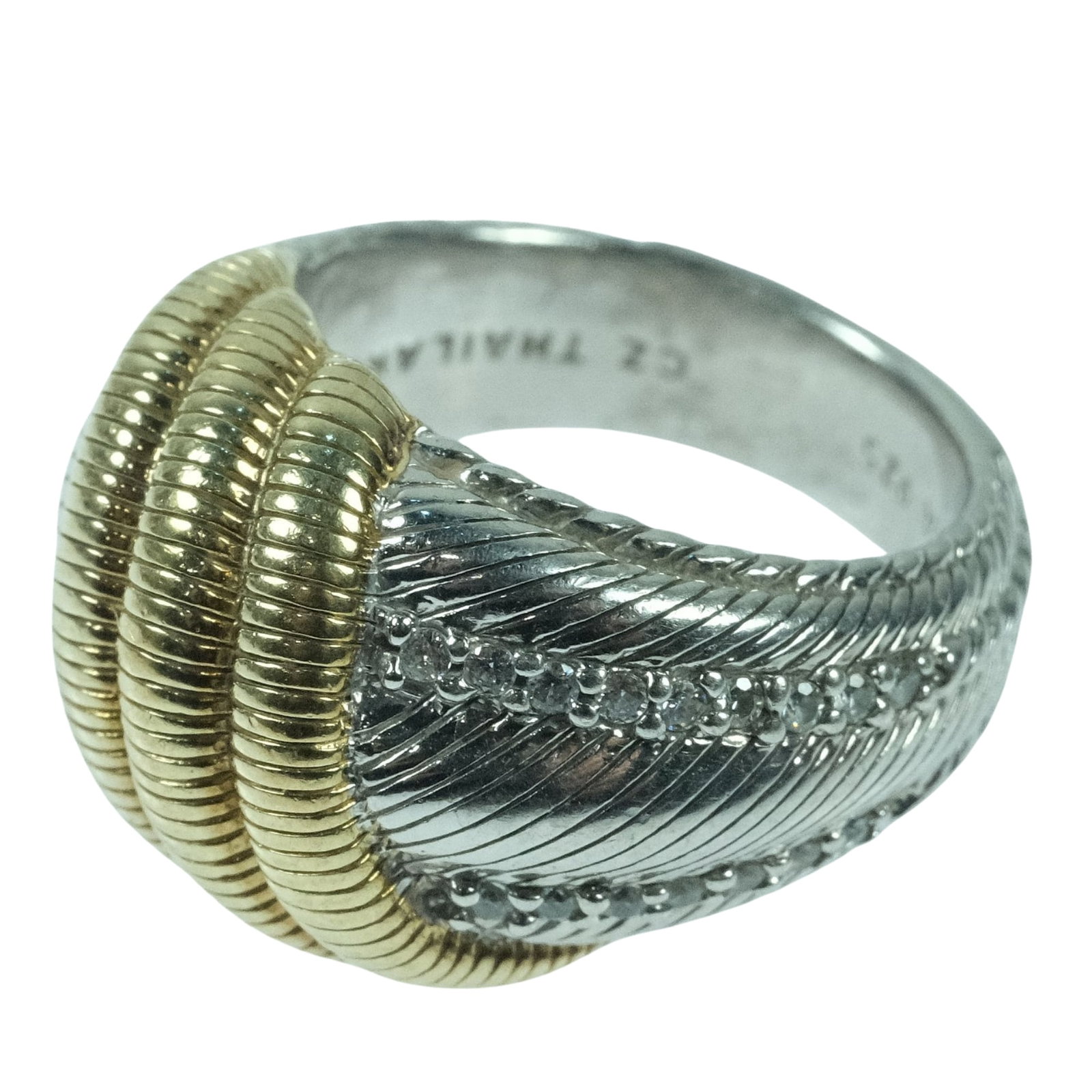 Thai Sterling (925) Silver Ring with 14K Gold-plate insert & set with Cubic Zirconias: Maker Judith Ripka Size Size L Medium Jewelry