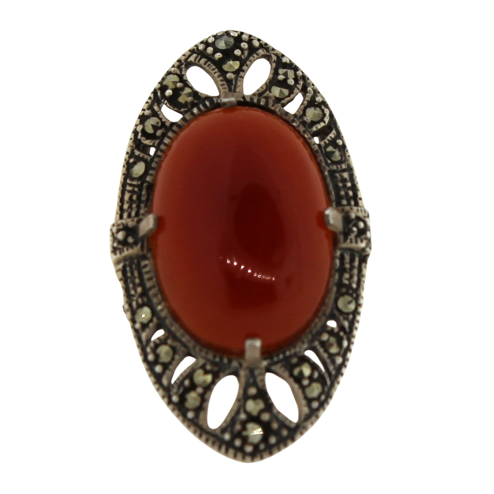 Carnelian & Marcasite Ring in Sterling (925) Silver: Deco design Size Size R 1/2 Medium Jewelry