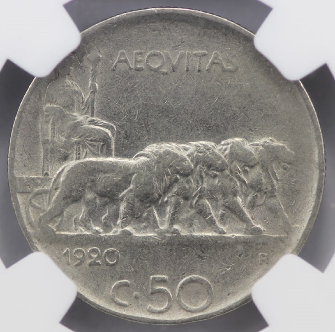 Italy 1920 R Fifty Centesimi, Reeded Edge, NGC XF45 (1 of 2)
