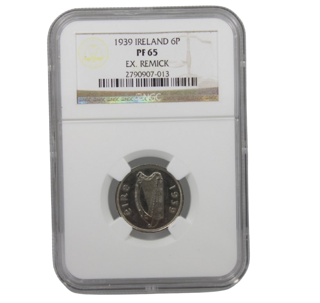 Ireland 1939 Proof Sixpence, NGC PF65 (3) - Highest third-party grade: Next highest graded NGC PF62 (1) 63 (11) 64 Cam (1) 64 (1) & PCGS None Medium Collectibles Provenance Ex Jerome Remick Collection (Spink 11/06 Lot 691)