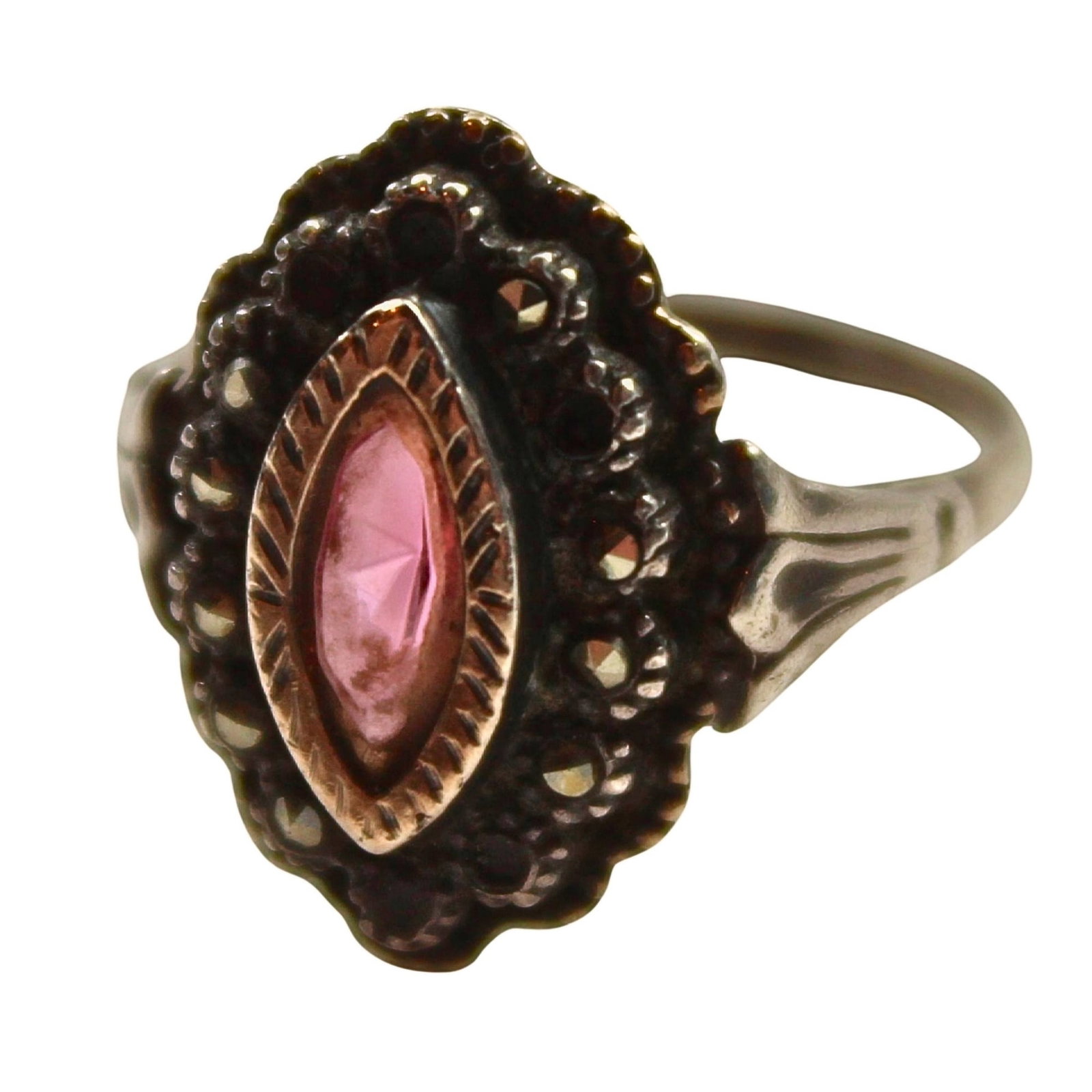 Faux Ruby & Marcasite Ring in Sterling (925) Silver: . Size Size O : Total weight 2.43gms Medium Jewelry