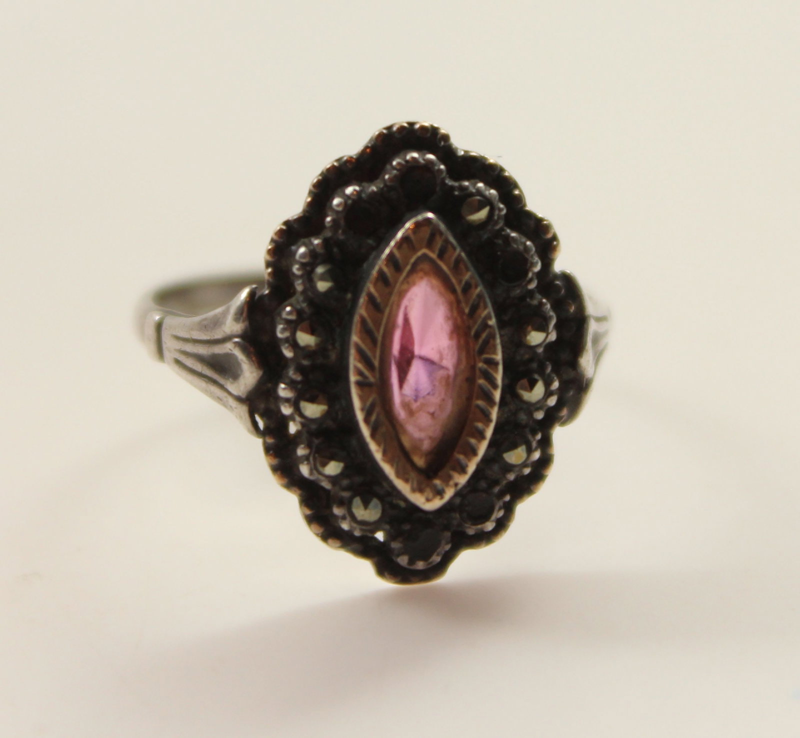 Faux Ruby & Marcasite Ring in Sterling (925) Silver - 2