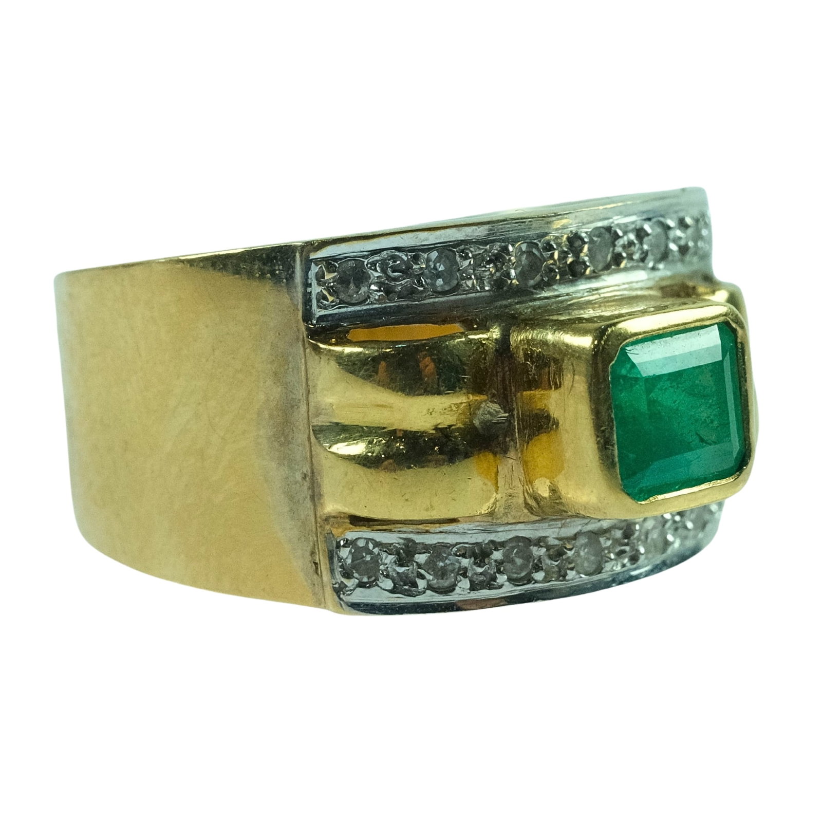 Diamond & Emerald Ring in 16ct Yellow Gold: . Size Size P : Total weight 7.86gms Medium Jewelry Exhibited Gemstone, Emerald