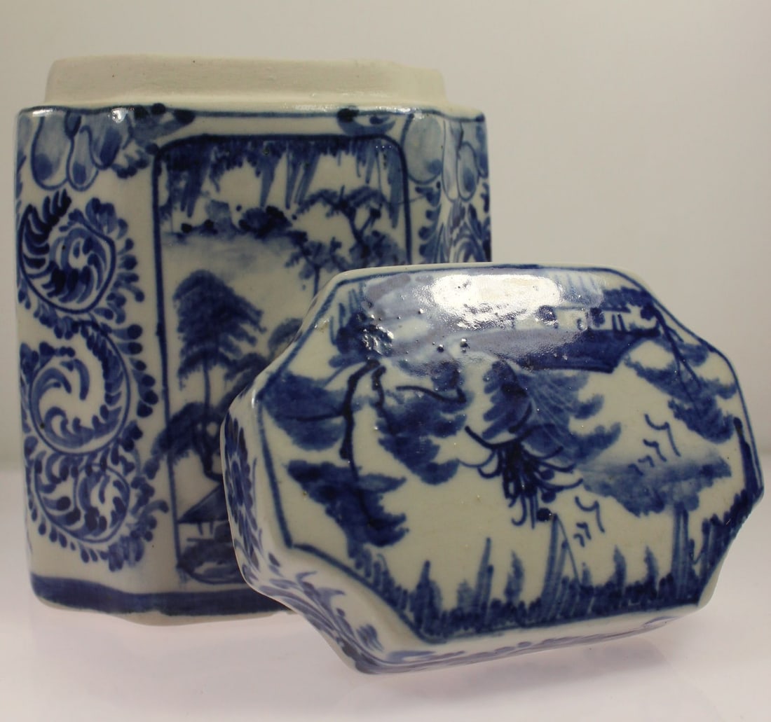 Vintage Blue & White Ceramic Tea Caddy - 3