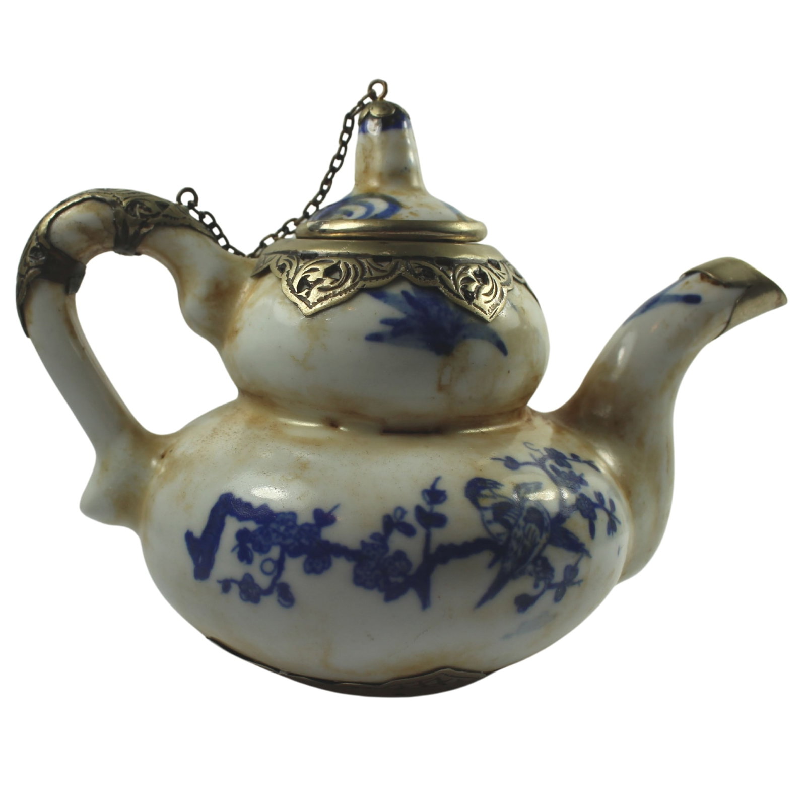 Chinese Late Qing Dynasty Teapot with White Metal adornments: . Size Stands 10cm Medium Art & Antiques