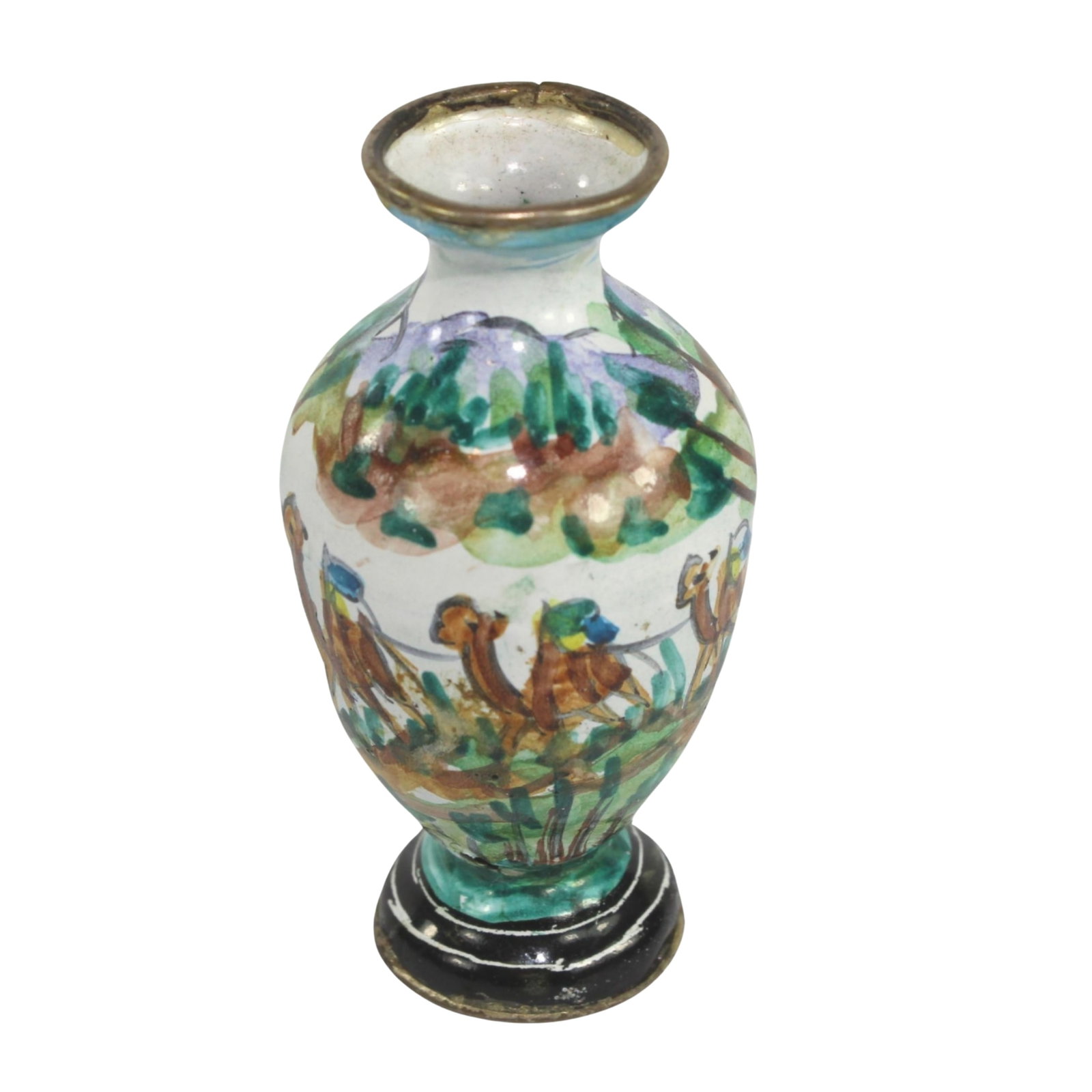 Persian hand-painted Enamel Miniature Vase: Features a Camel Train Size 6.5x2.5cms Medium Decorative Art