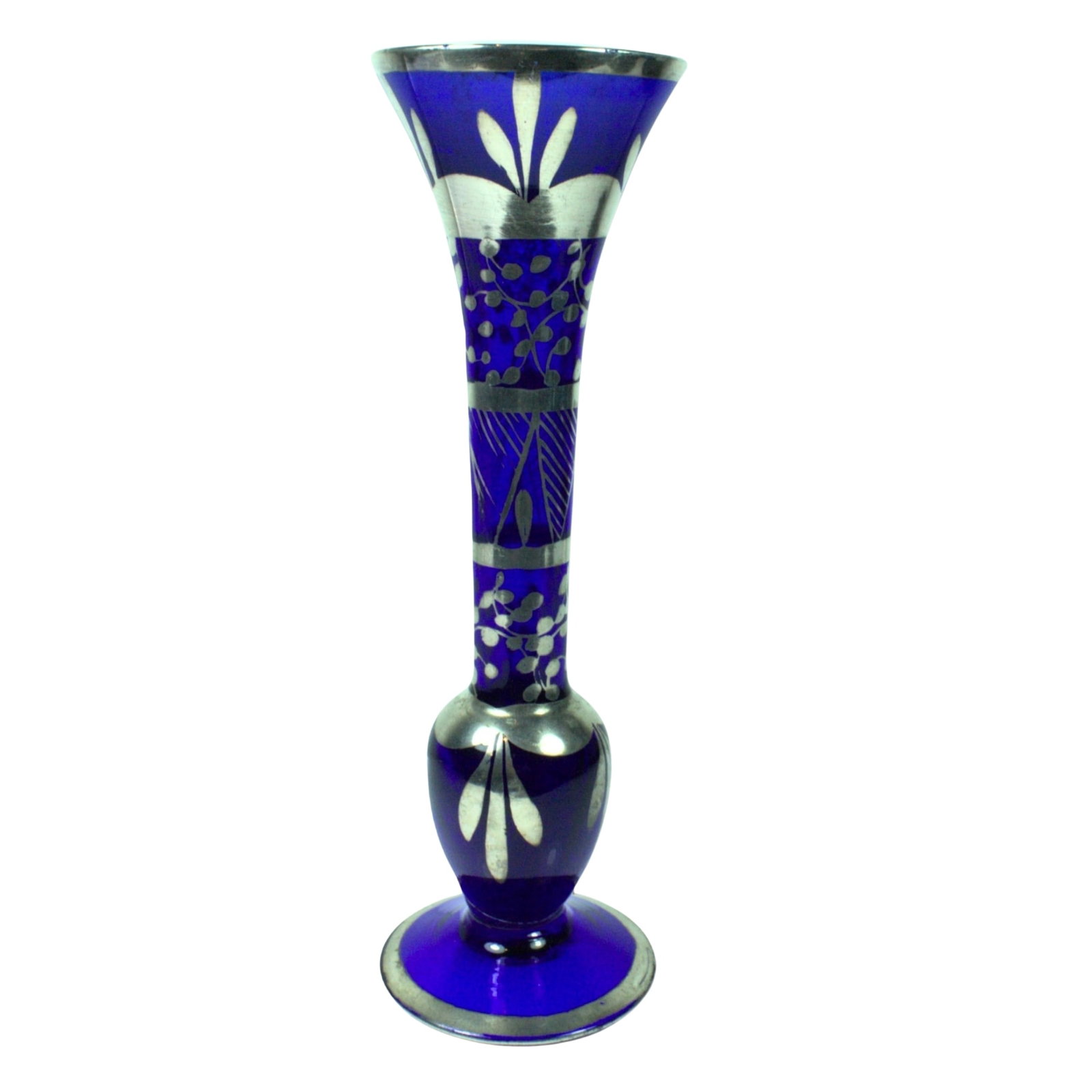 Vintage Blue Glass Vase with Silver-overlaid design (1 of 3)
