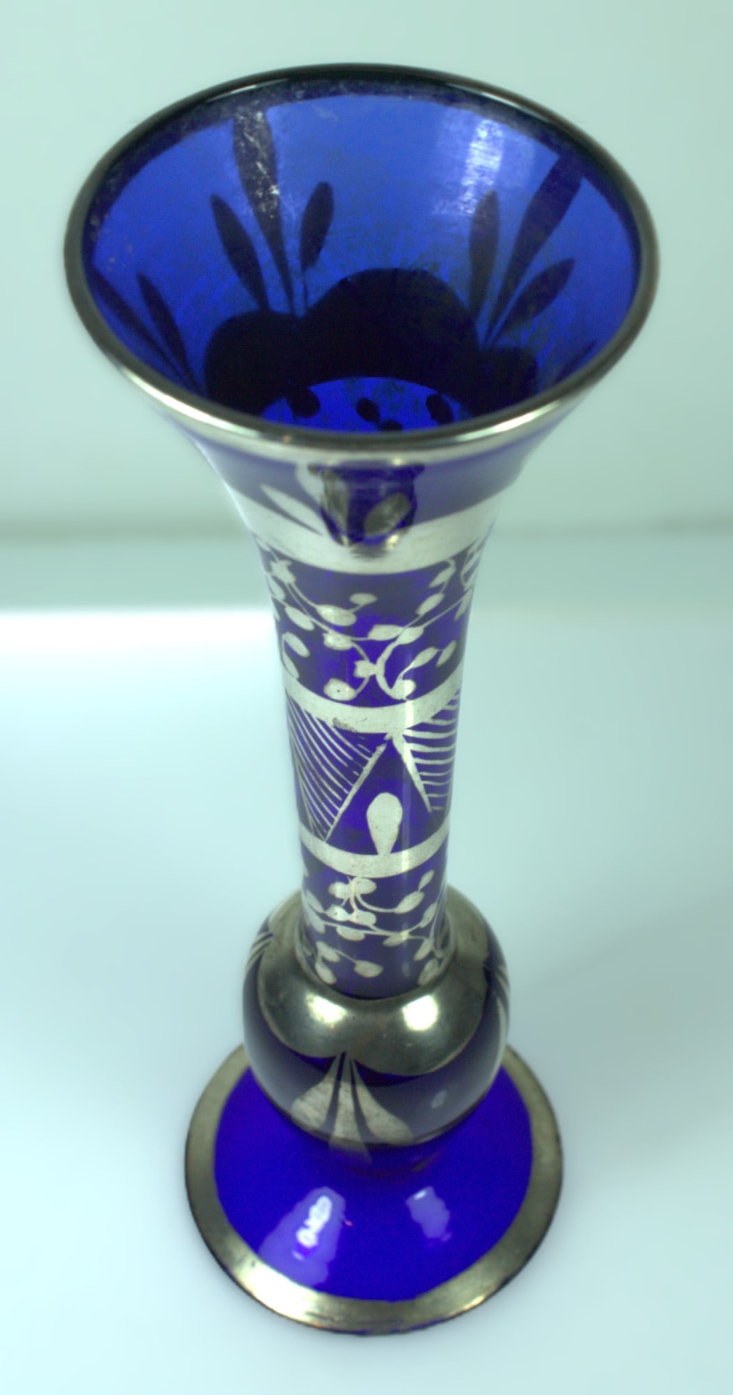 Vintage Blue Glass Vase with Silver-overlaid design - 2