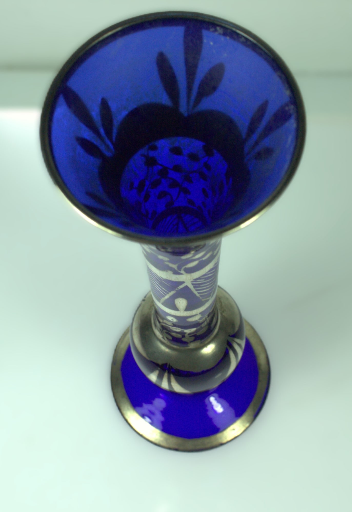Vintage Blue Glass Vase with Silver-overlaid design - 3