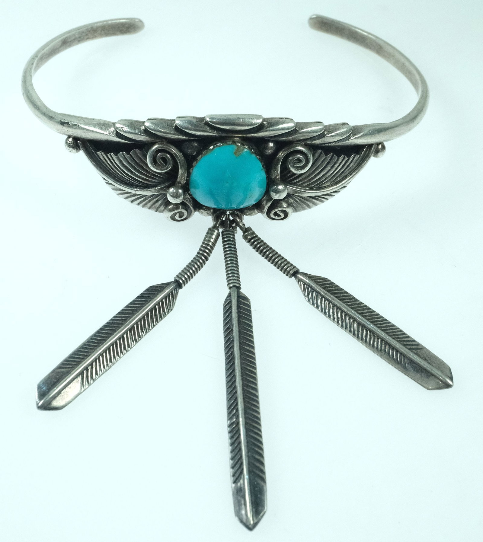 Indian Style Sterling (925) Silver Bangle set with Central Turquoise: Scroll detail. Size Width : 6.5cm Medium Jewelry