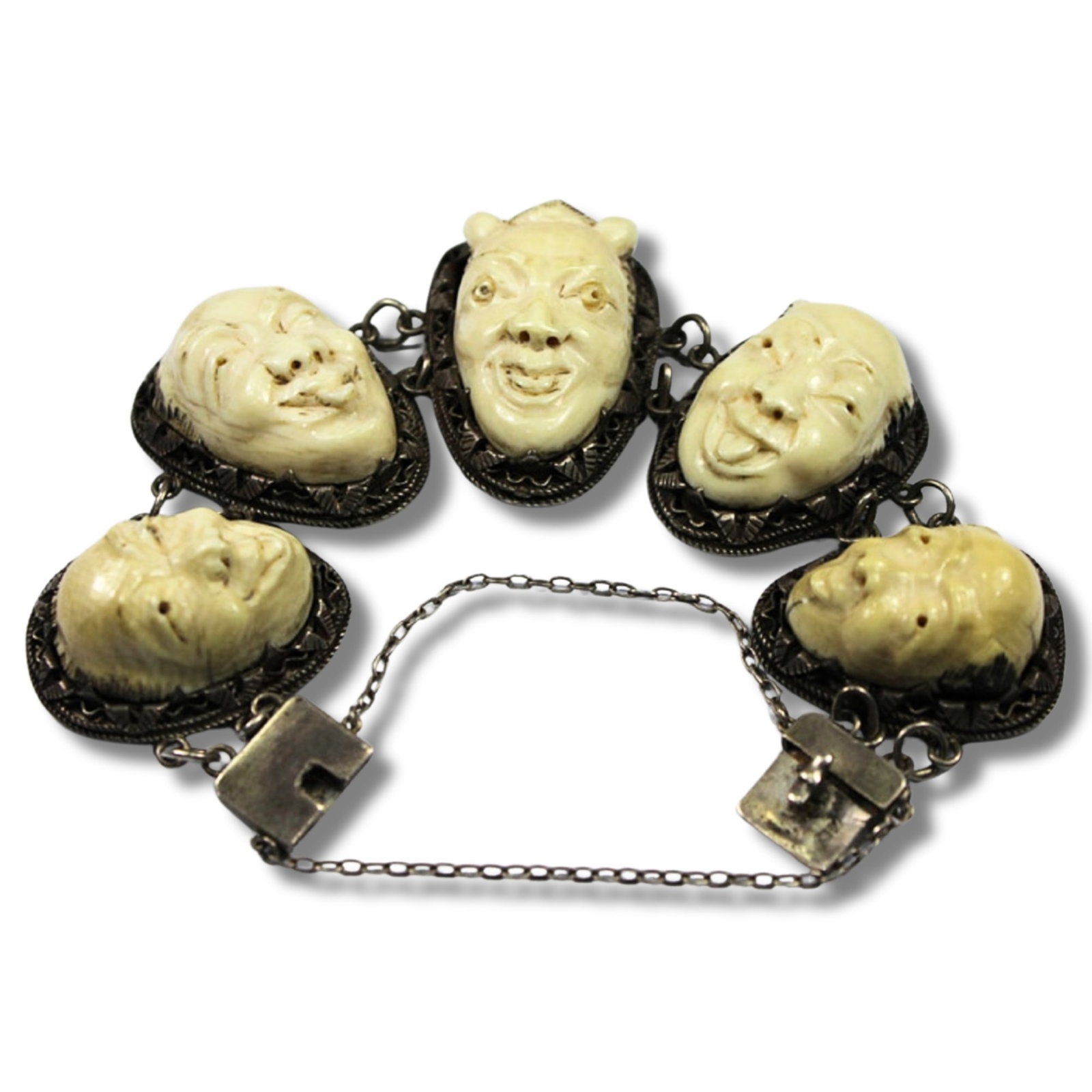 Antique Japanese Ivory Bracelet featuring 5 'Kabuki-style' faces in Silver surrounds: Japanese hallmarks. Collectable Size Total weight 71.84gms Medium Jewelry