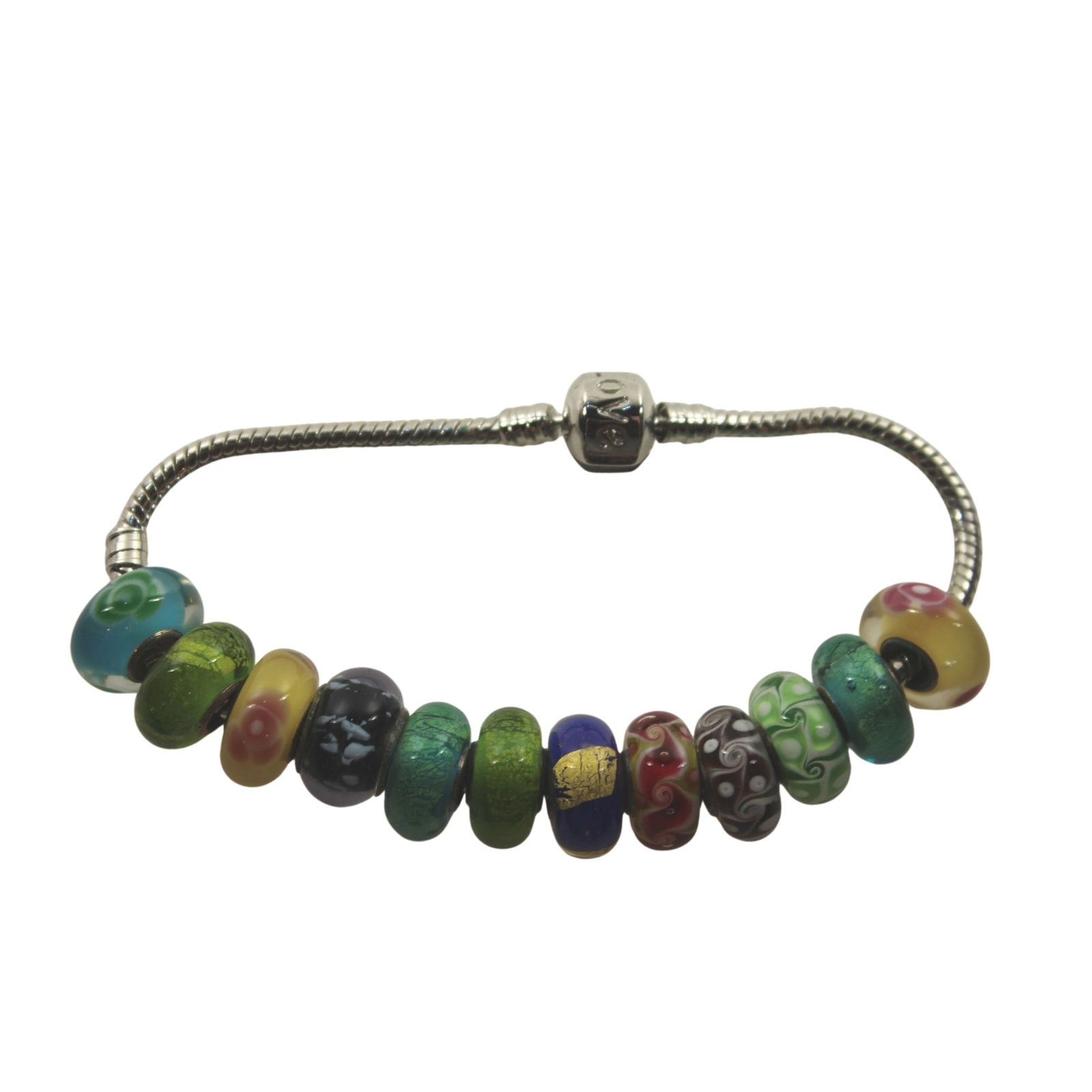 Murano-style Glass Beads (12) on Cu-Ni Bracelet Chain: . Medium Jewelry