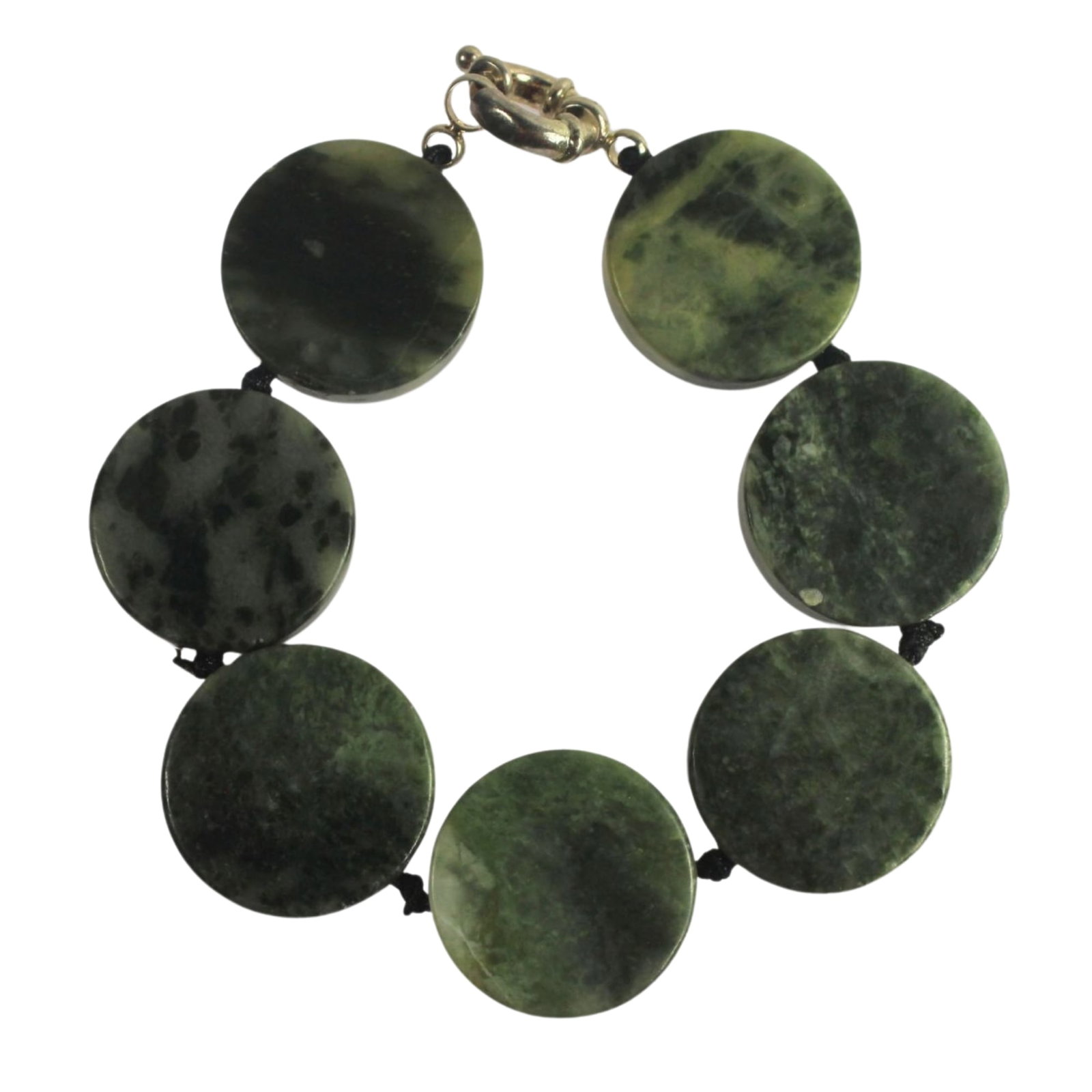 Chunky Green Jade Bracelet: Seven Cord Tied Discs Size Open Length 22cms Medium Jewelry