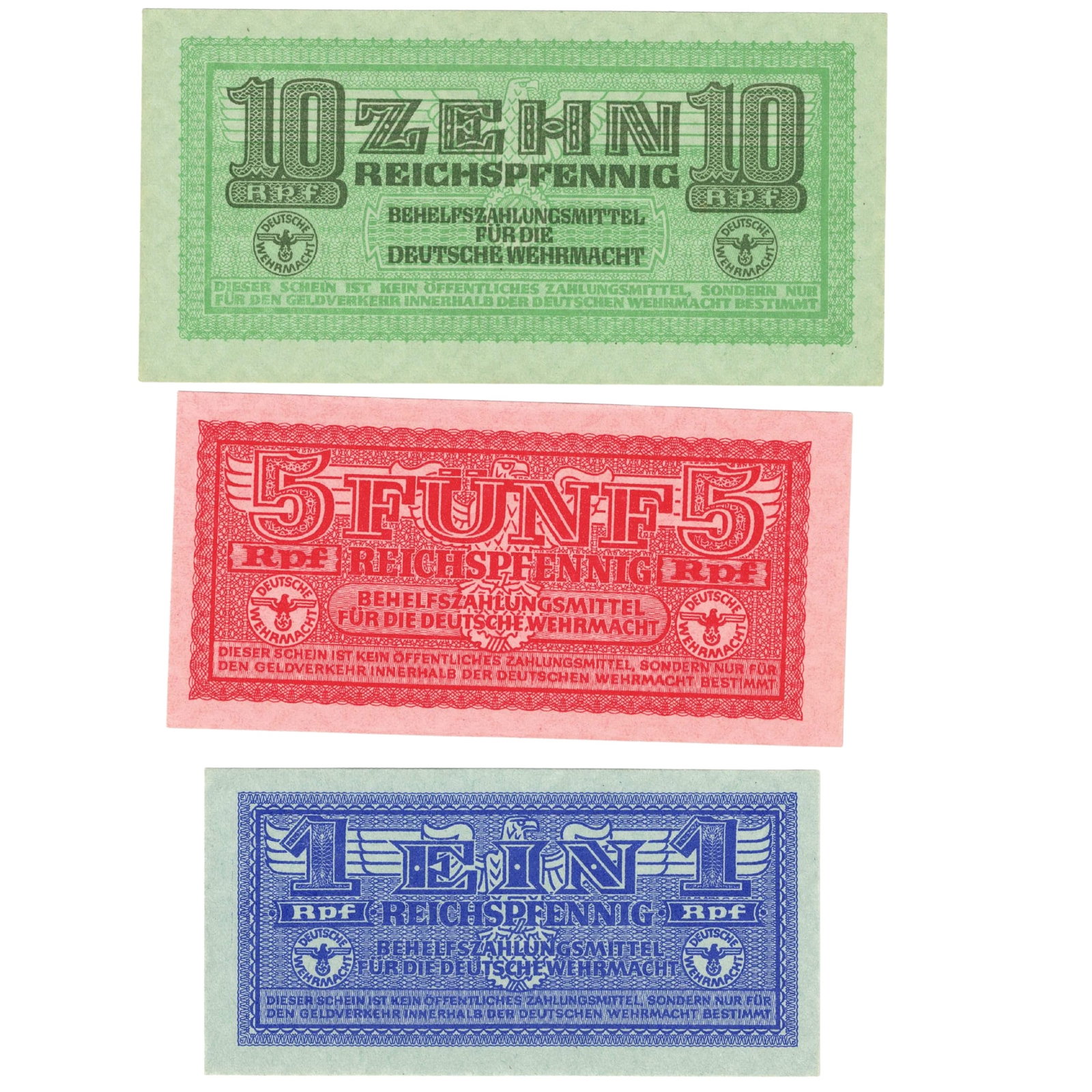 Germany Third Reich 'Auxiliary Payment' 1, 5 & 10 Reichsmark ND (1942), Uncirculated (3) Scarce: PickS# M32, 33 & 34. Intended as legal tender within the Wehrmacht during WWII. They were worth 10 times the face value if spent in military channels Medium Germany