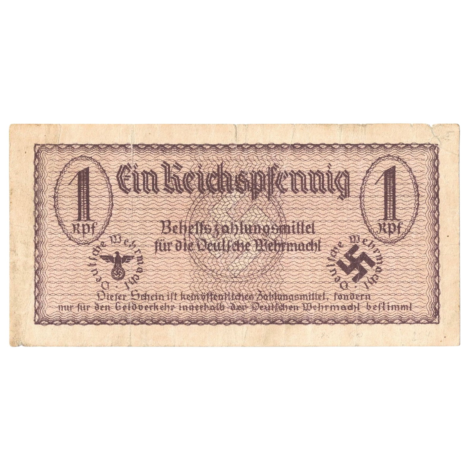 Germany Third Reich 'Auxiliary Payment' 1 Reichspfennig ND (1940), good Fine - Scarce: PickS# M31. Intended as legal tender within the Wehrmacht during WWII. They were worth 10 times the face value if spent in military channels Medium Germany