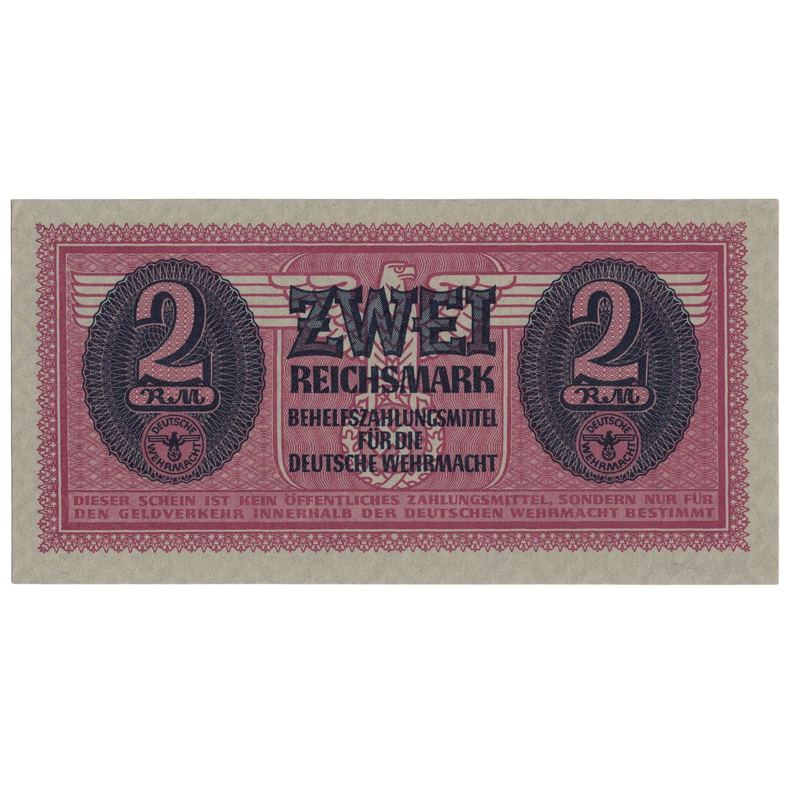 Germany Third Reich Auxiliary Payment Certificate Zwei (2) Mark, Uncirculated: PickS# M3. Intended as legal tender within the Wehrmacht during WWII. They were worth 10 times the face value if spent in military channels Medium Germany