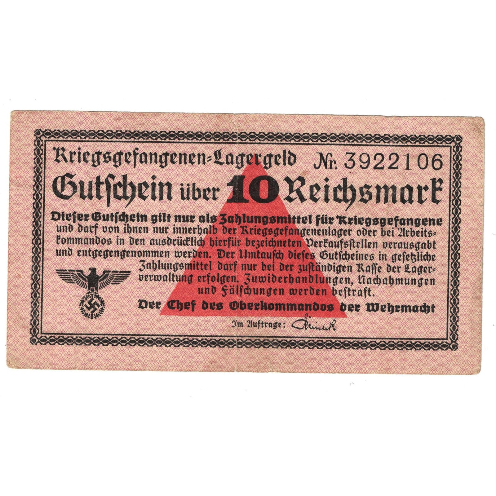 Germany WWII Prisoner of War Camp 10 Reichsmark, good Very Fine: . Medium Germany