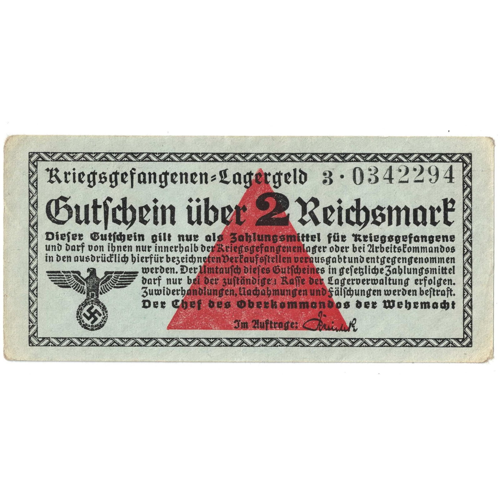 Germany WWII Prisoner of War Camp 2 Reichsmark, Extremely Fine details: . Condition Rounded corners Medium Germany