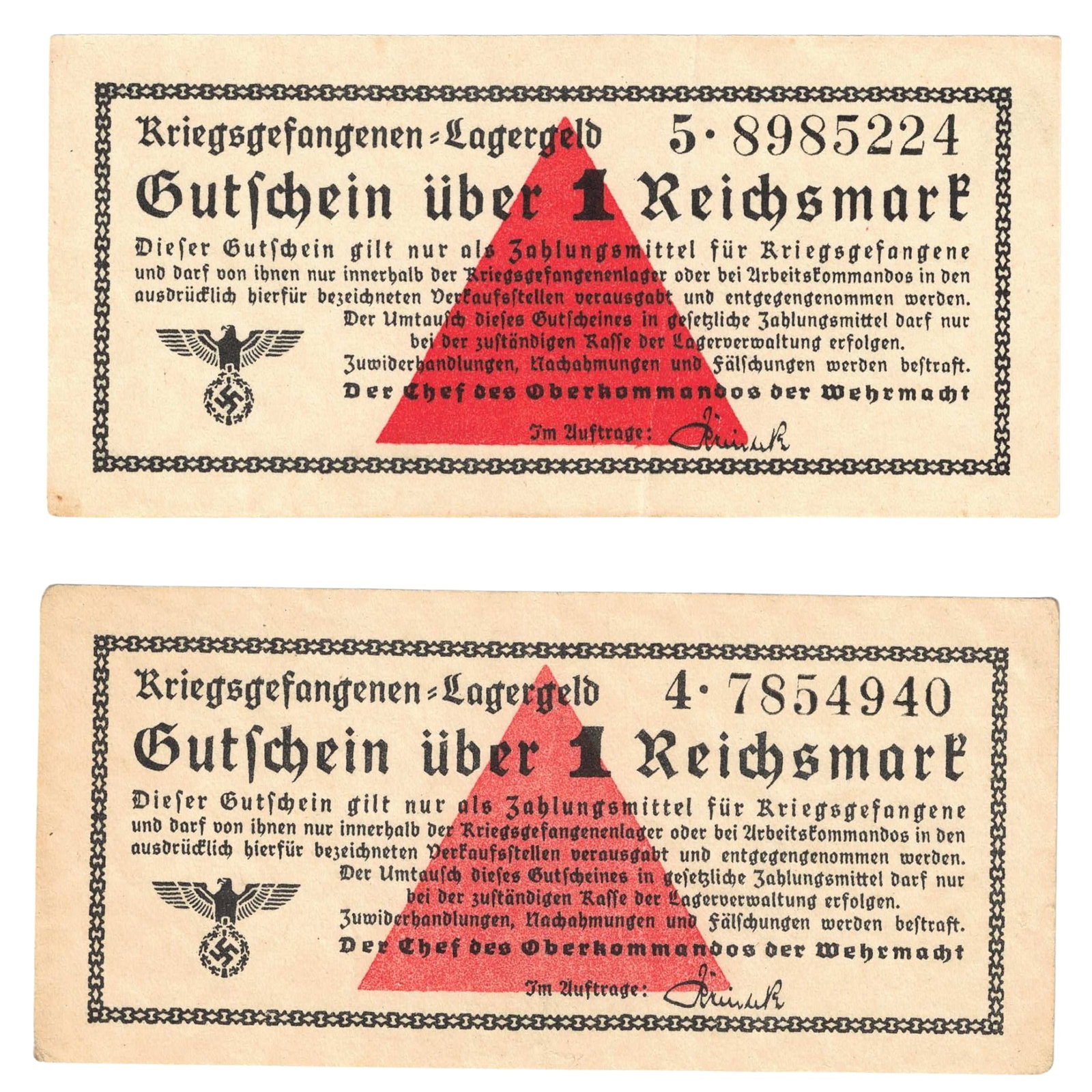 Germany WWII Prisoner of War Camp 1 Reichsmark, Extremely Fine (2): . Medium Germany