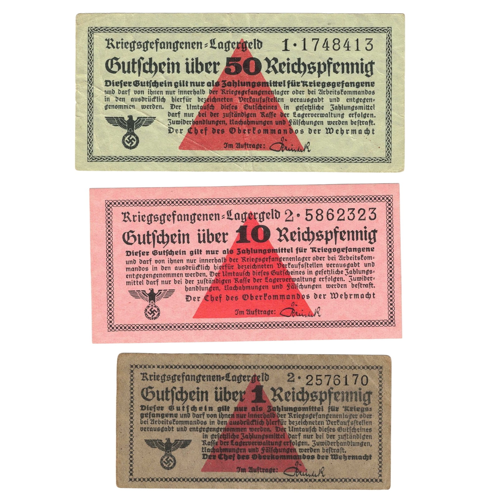 Germany WWII Prisoner of War Camp 1, 10 & 20 Reichspfennig, good Very Fine or better (3): . Medium Germany