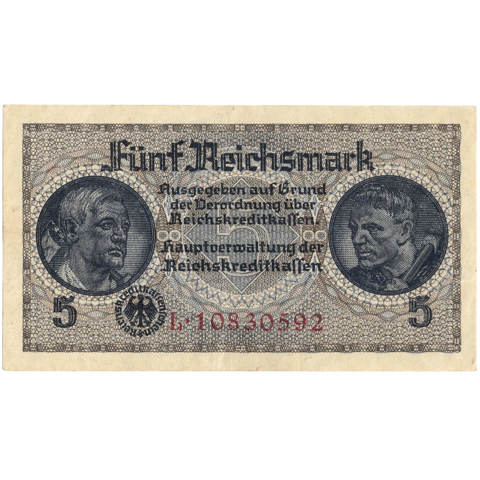 German Occupied Territories 1940 Funf (5) Reichsmark, about Uncirculated: PickS# R138b : Red Serial# L.10830592. Circulated as legal tender alongside the local currencies in occupied territories. Medium Germany
