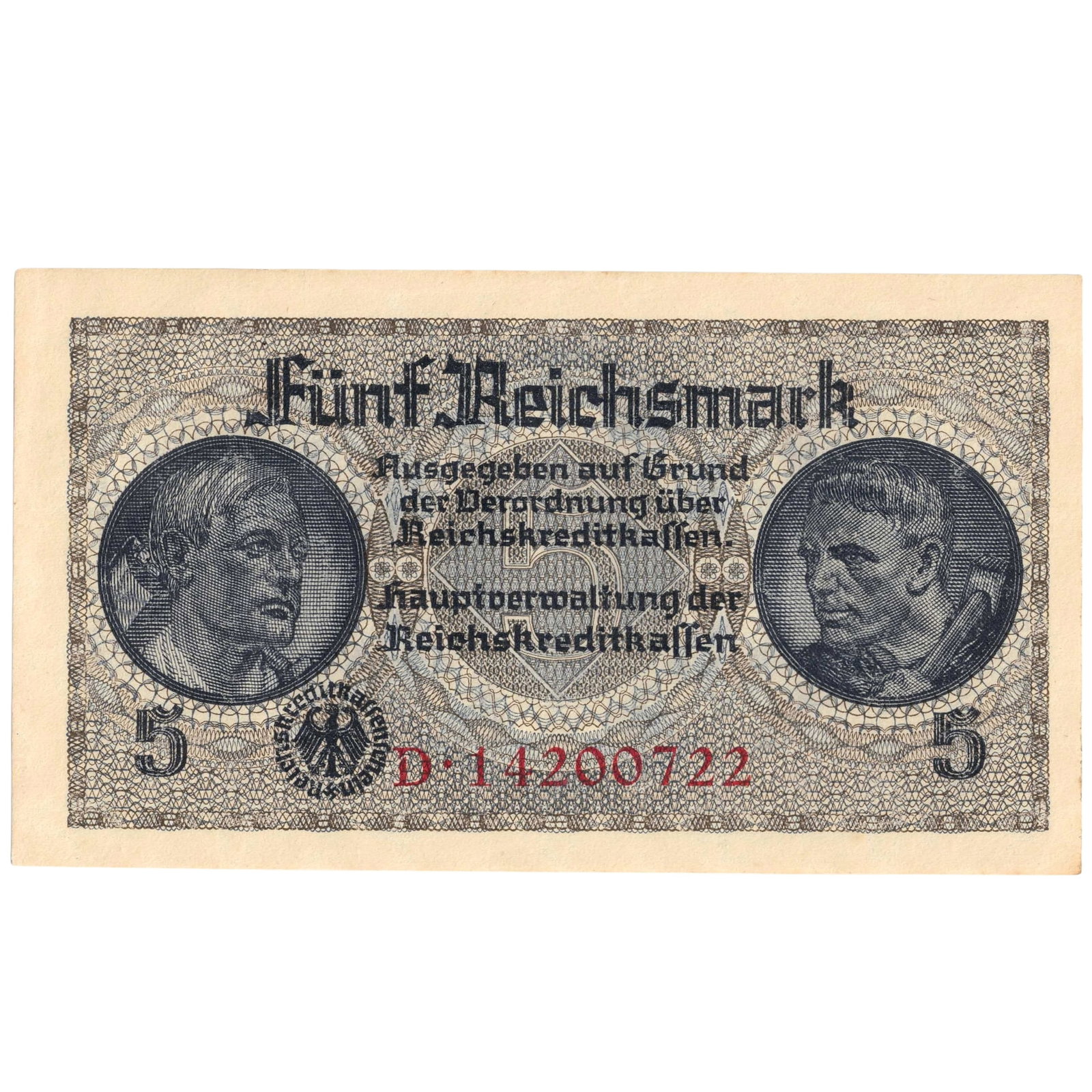 German Occupied Territories 1940 Funf (5) Reichsmark, Uncirculated: PickS# R138b : Red Serial# D.14200722. Circulated as legal tender alongside the local currencies in occupied territories. Medium Germany