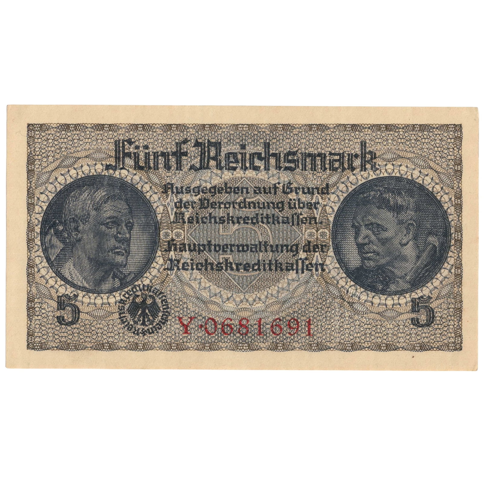 German Occupied Territories 1940 Funf (5) Reichsmark, Uncirculated: PickS# R138a : Red Serial# Y.068169. Circulated as legal tender alongside the local currencies in occupied territories. Medium Germany