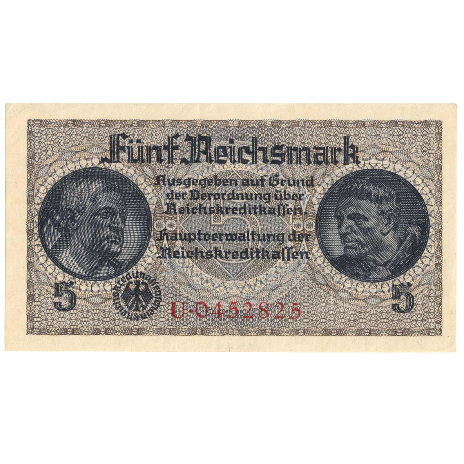 German Occupied Territories 1940 Funf (5) Reichsmark, Uncirculated: PickS# R138a : Red Serial# U.0452825. Circulated as legal tender alongside the local currencies in occupied territories. Medium Germany