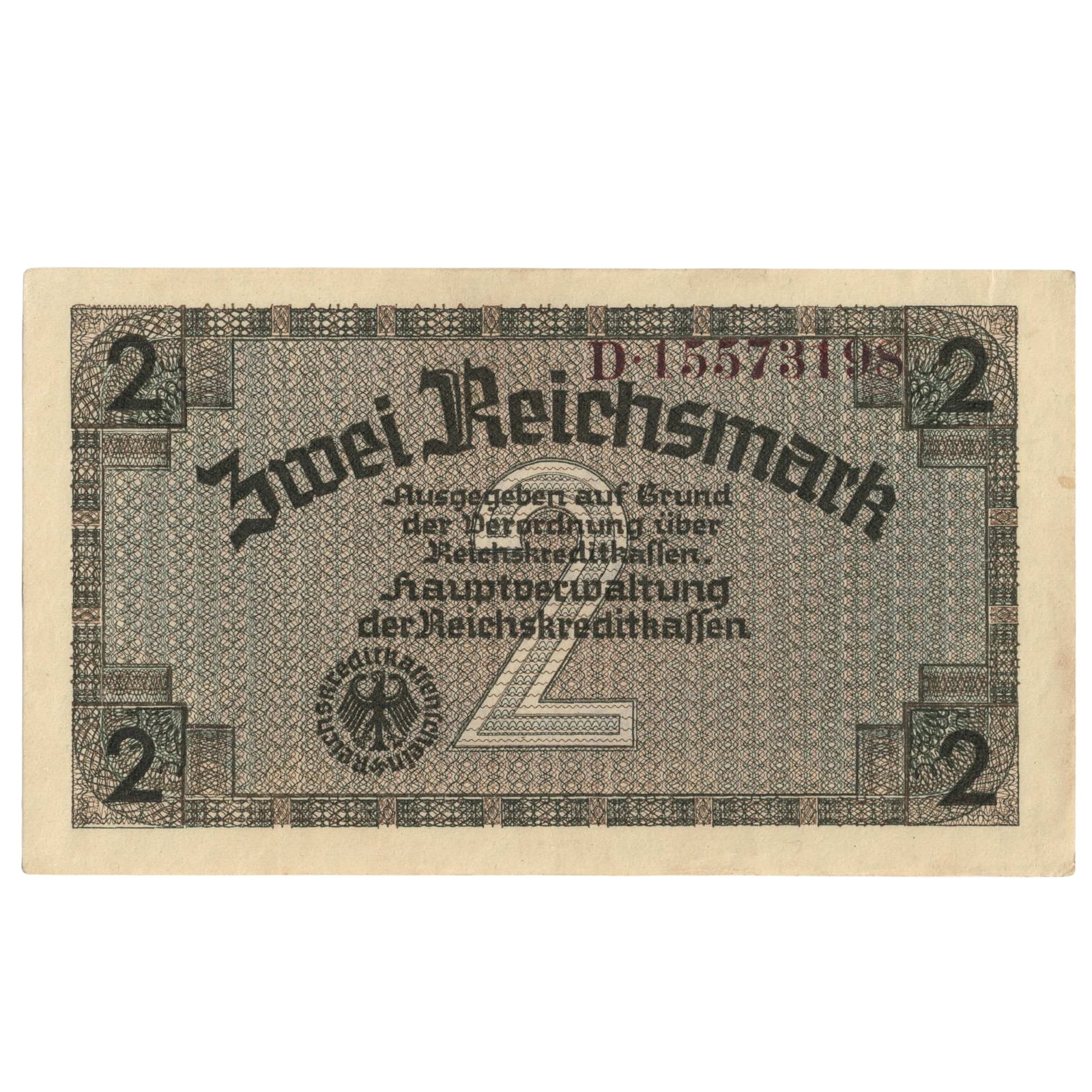 German Occupied Territories 1940 Zwei (2) Reichsmark, virtually Uncirculated: PickS# R137b : Brown Serial# D.15573198. Circulated as legal tender alongside the local currencies in occupied territories. Medium Germany