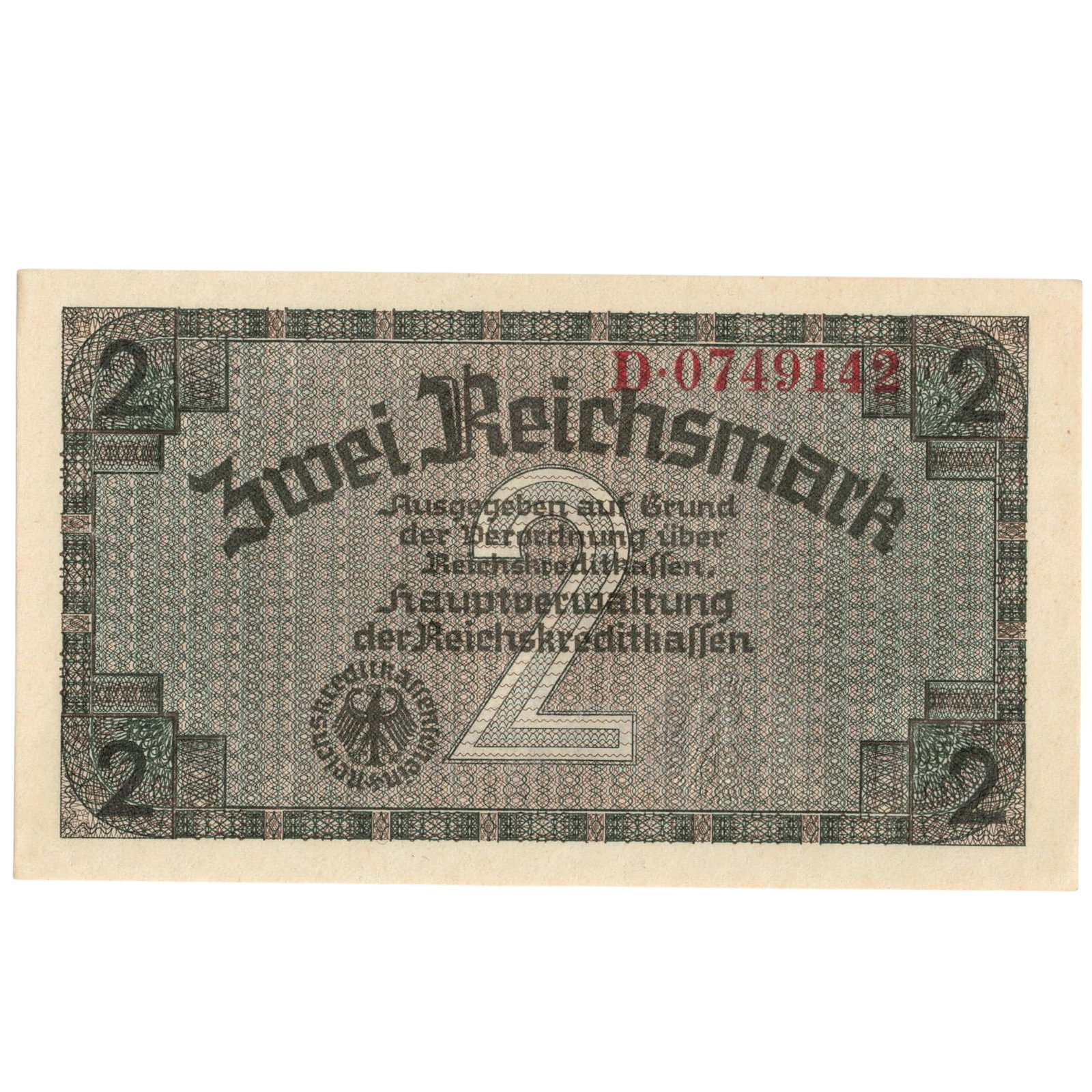 German Occupied Territories 1940 Zwei (2) Reichsmark, Uncirculated: PickS# R137a : Red Serial# D.0749142. Circulated as legal tender alongside the local currencies in occupied territories. Medium Germany