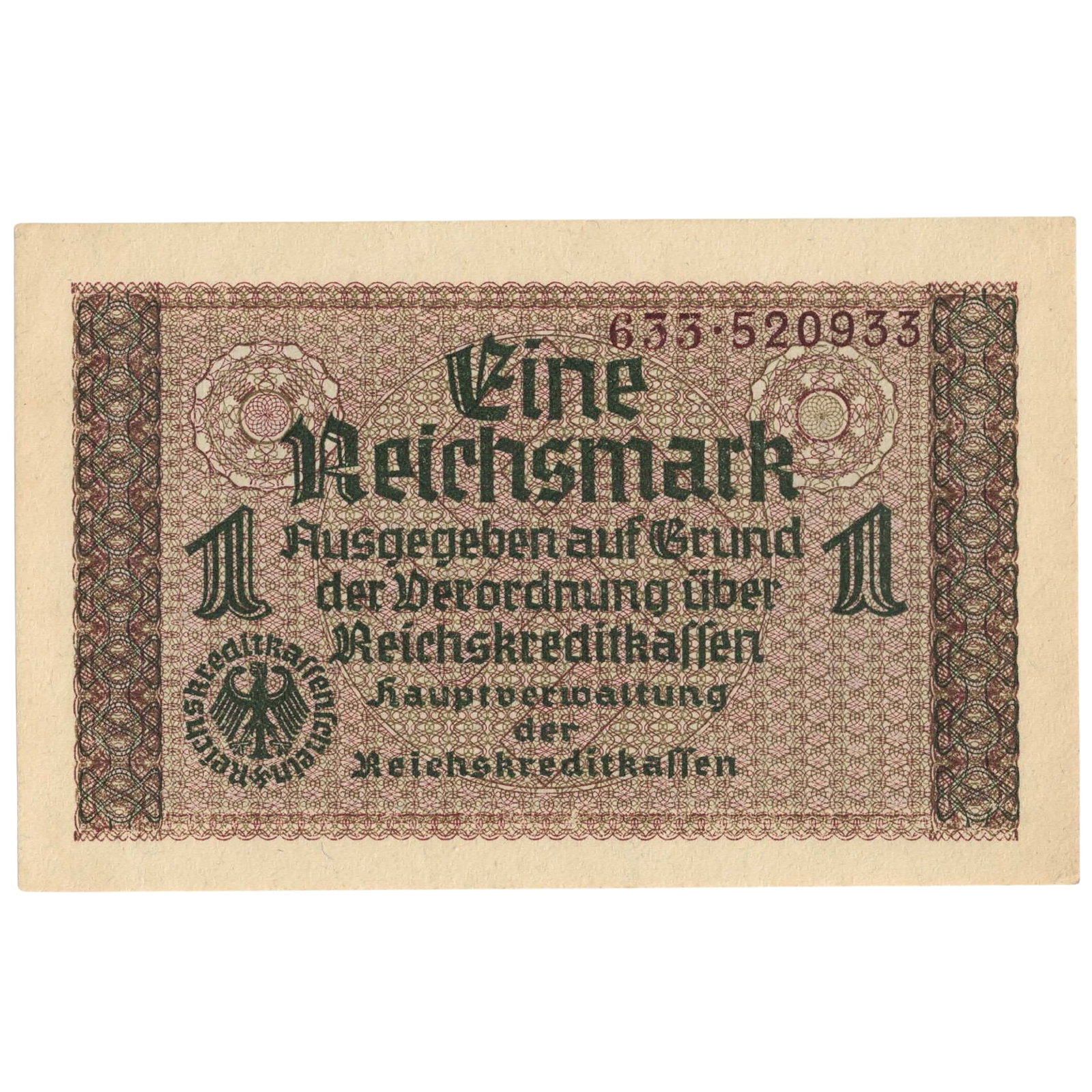 German Occupied Territories 1940 Eine (1) Reichsmark, Uncirculated: PickS# # R316b : Brown Serial # 633.520933 Circulated as legal tender alongside the local currencies in occupied territories. Medium Germany
