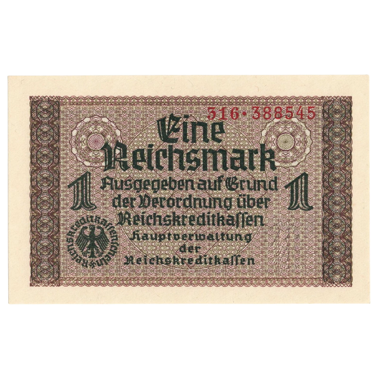 German Occupied Territories 1940 Eine (1) Reichsmark, Uncirculated: PickS# # R316a : Red Serial # 516 388545. Circulated as legal tender alongside the local currencies in occupied territories. Medium Germany