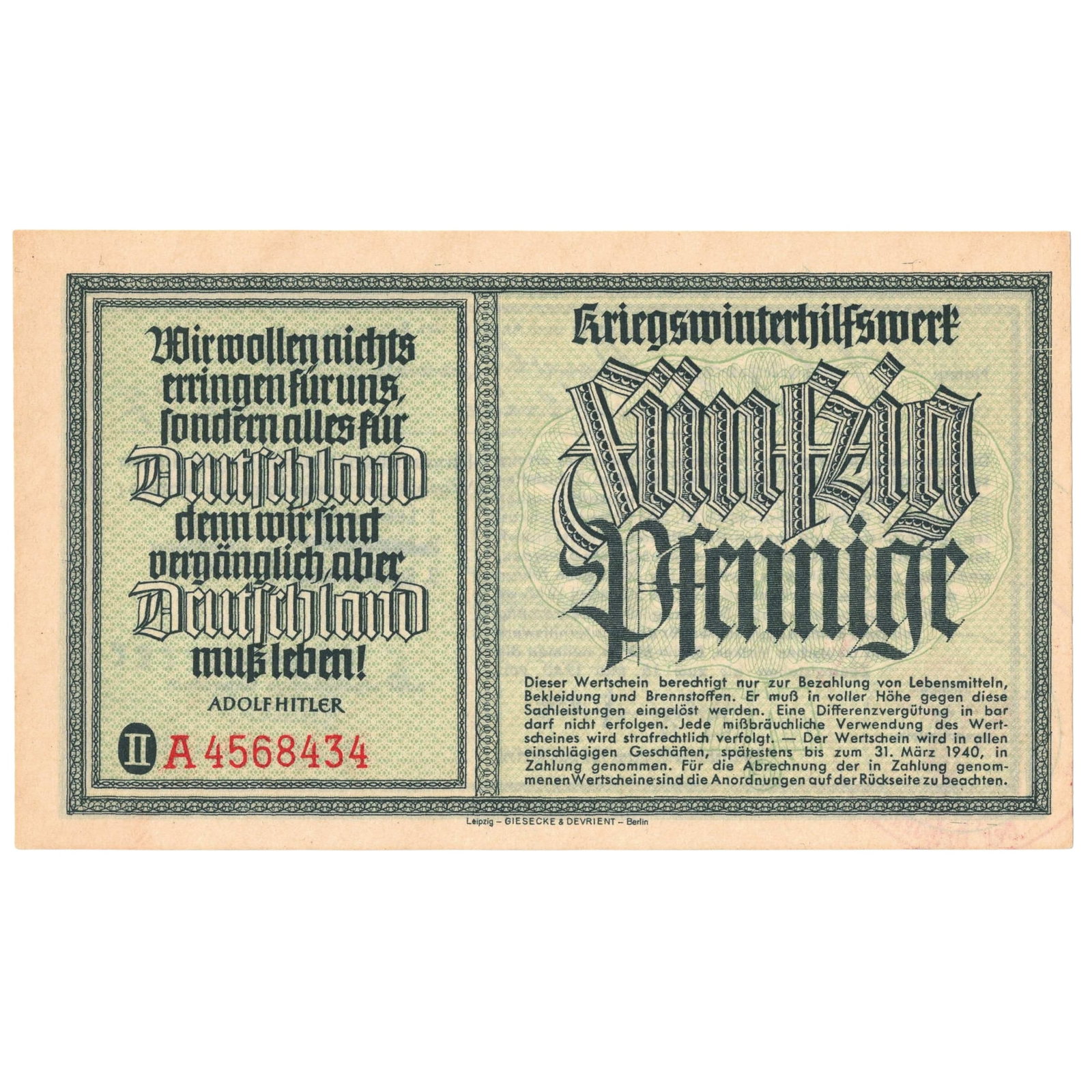 Germany 1940 Winter Relief Voucher fo 50 Pfennigs (Series II, Uncirculated: Series II. For Food, Clothing, Fuel Medium Germany