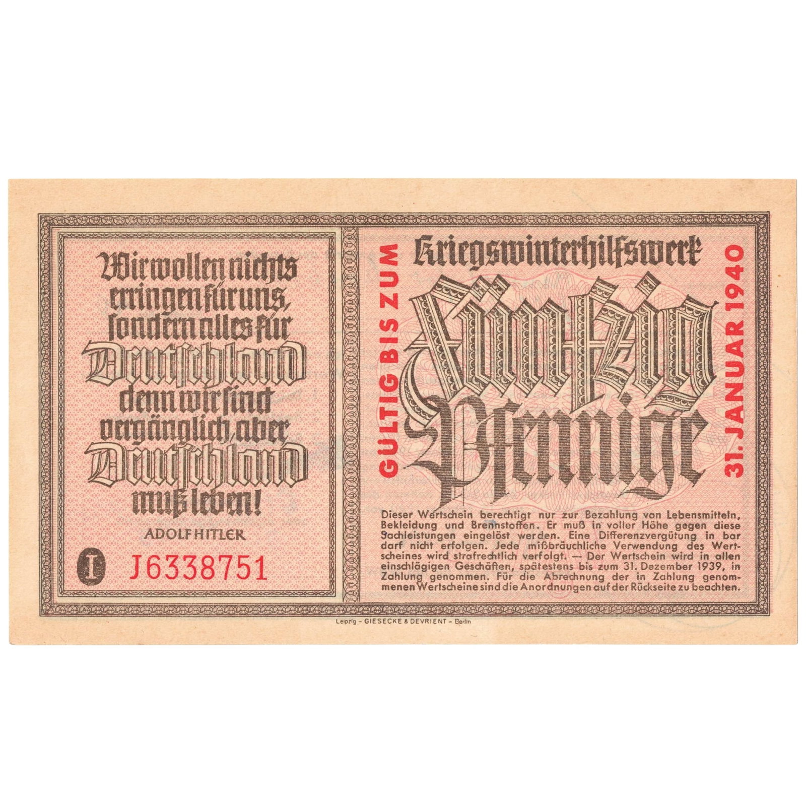 Germany 1940 Winter Relief Voucher fo 50 Pfennigs (Series I), Uncirculated: Series I. For Food, Clothing, Fuel Medium Germany