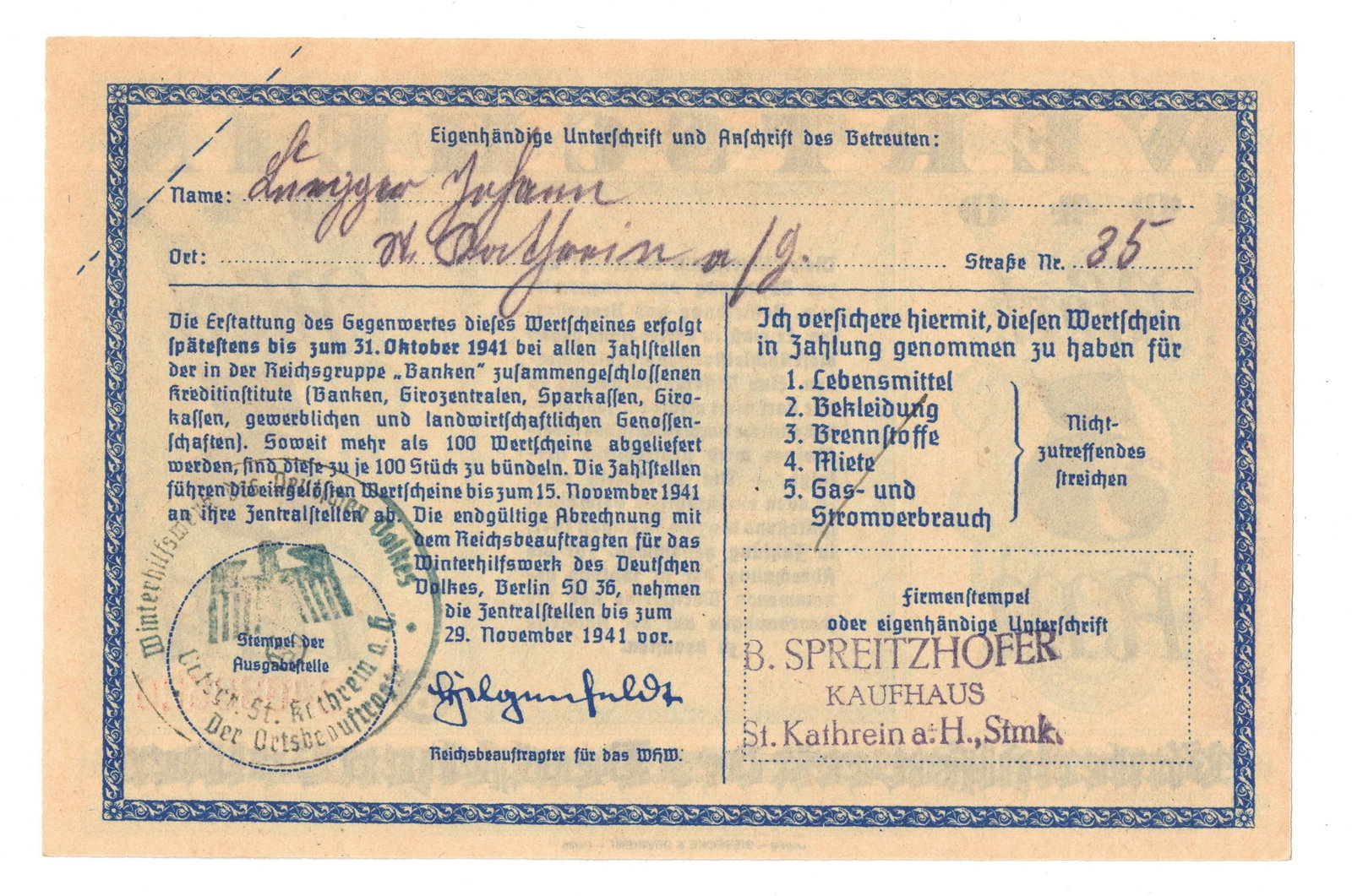 Germany 1940 - 1941 Winter Relief Voucher for 5 Reichsmarks, Uncirculated - 2