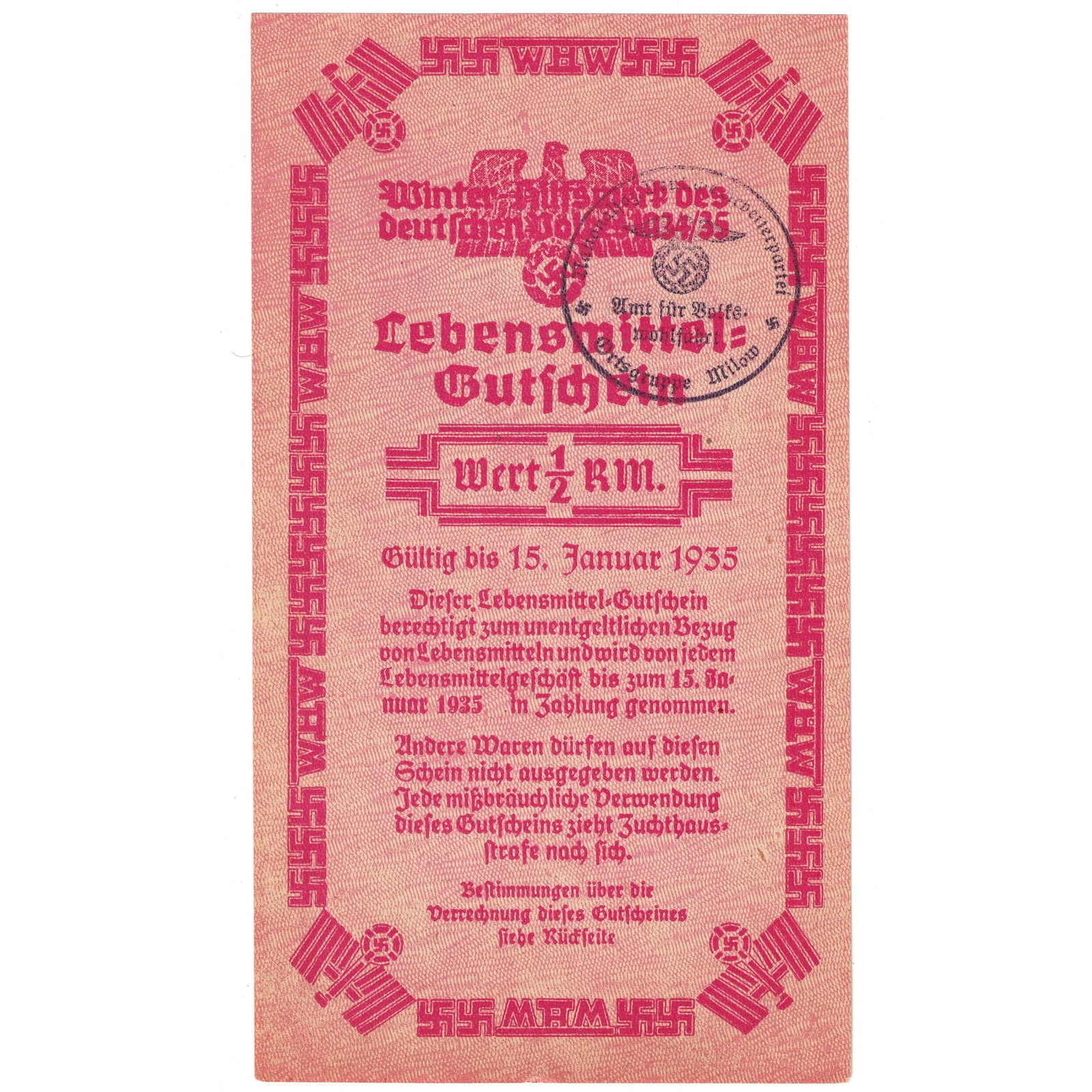 Germany 1935 Winter Relief Food Voucher for 1/2 Reichsmark, about Uncirculated: . Medium Germany