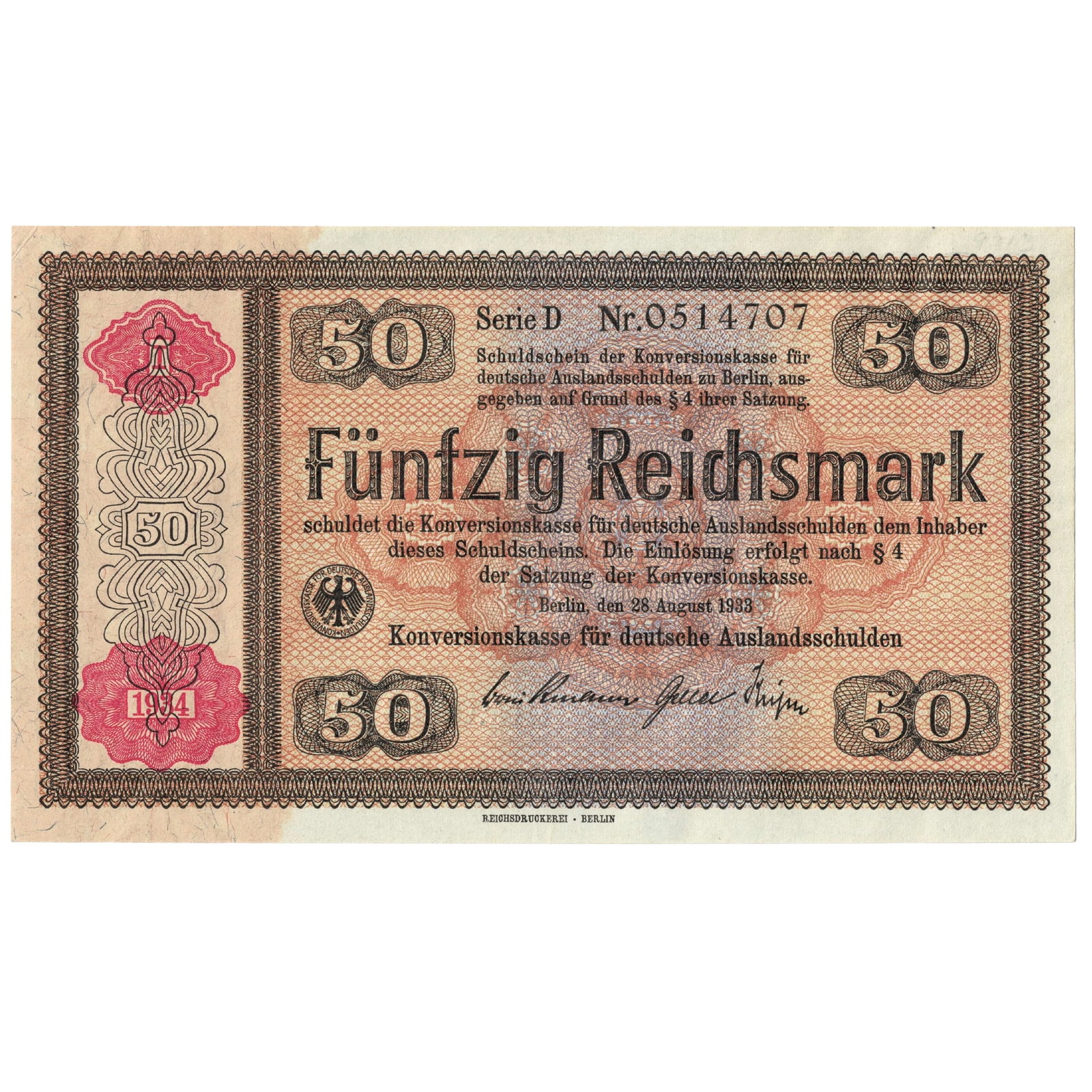 Germany 1933/34 w Overstamp 50 RM Promissory Note for the Conversion of German Foreign Debts, Unc (1 of 2)