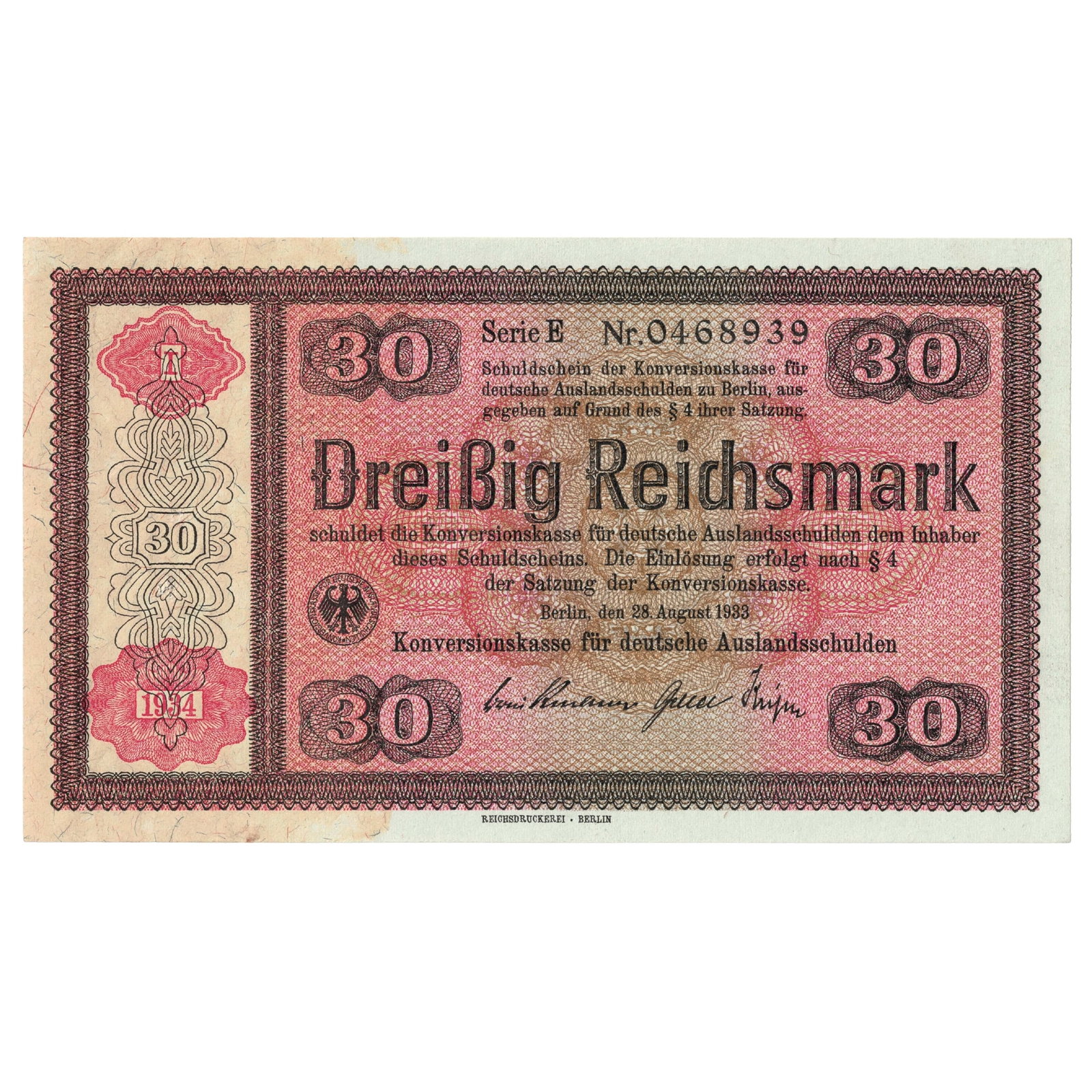Germany 1933/34 w Overstamp 30 RM Promissory Note for the Conversion of German Foreign Debts, Unc: Series E Nr. 0468939 Medium Germany