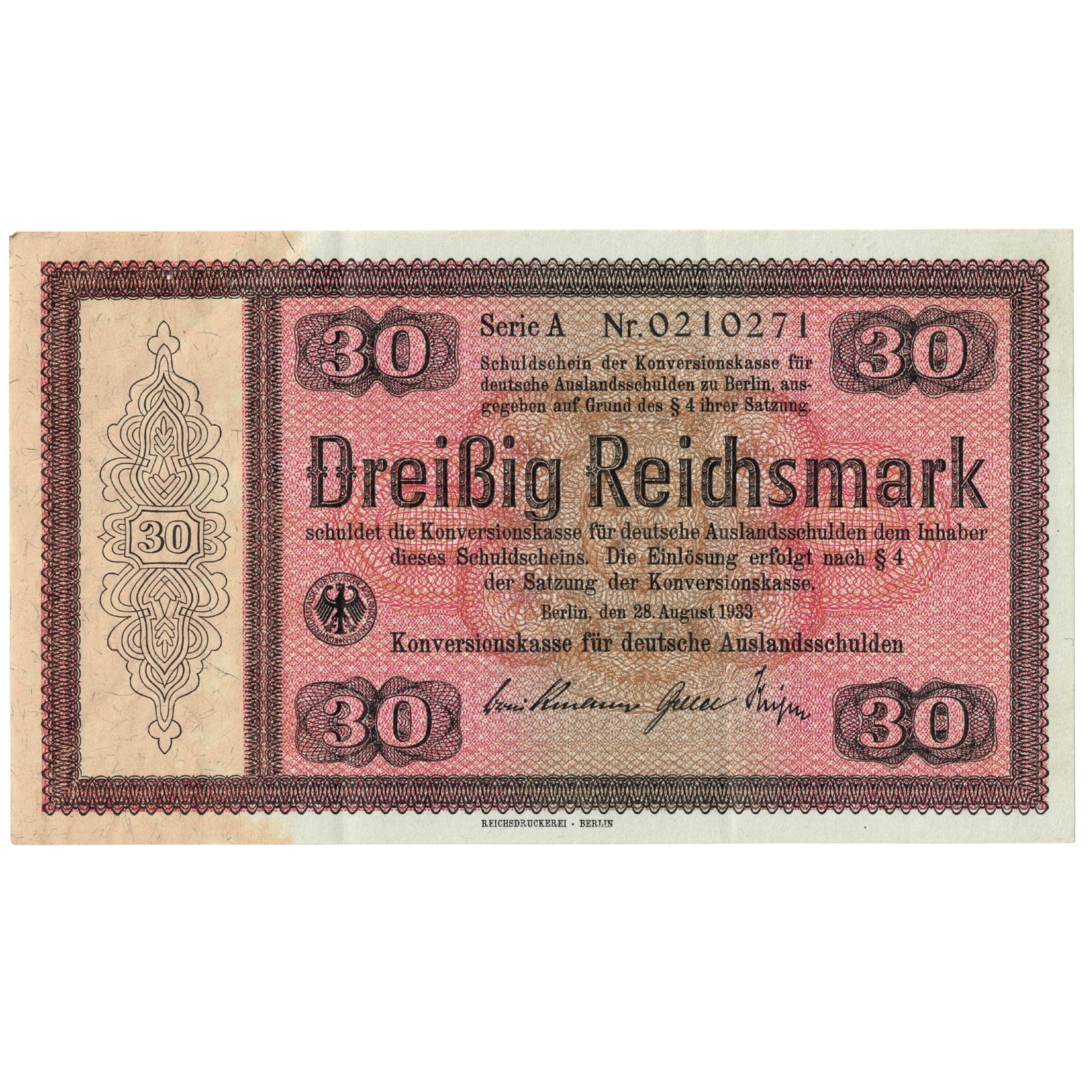 Germany 1933 30 RM Promissory Note for the Conversion of German Foreign Debts, VF details: Series A Nr. 02110271 Condition Staple holes Medium Germany