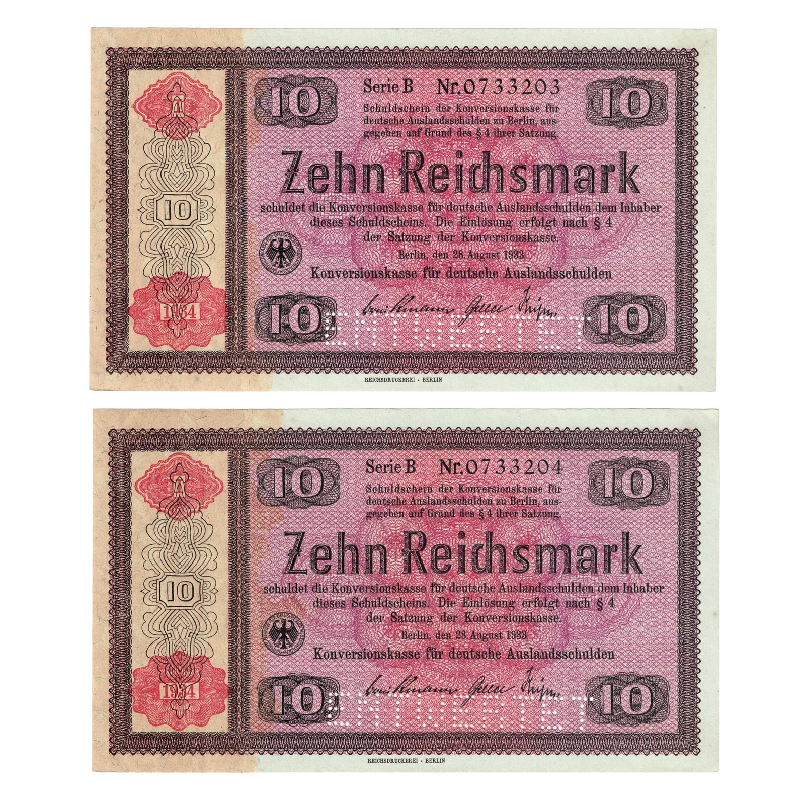 Germany 1933/34 w Overstamp 10 RM Promissory Note for Conversion of German Foreign Debts, Unc (2): Series B Nr. 0733203-4. Perforated 'ENTWERTET ' (CANCELLED) Medium Germany