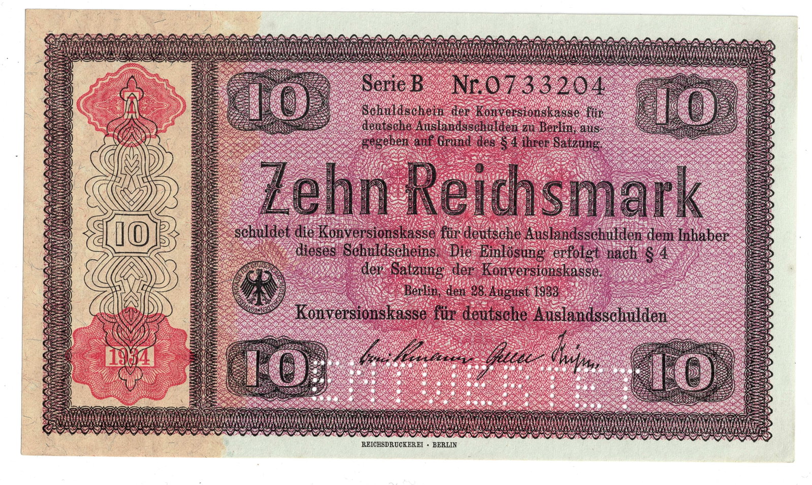 Germany 1933/34 w Overstamp 10 RM Promissory Note for Conversion of German Foreign Debts, Unc (2) - 2